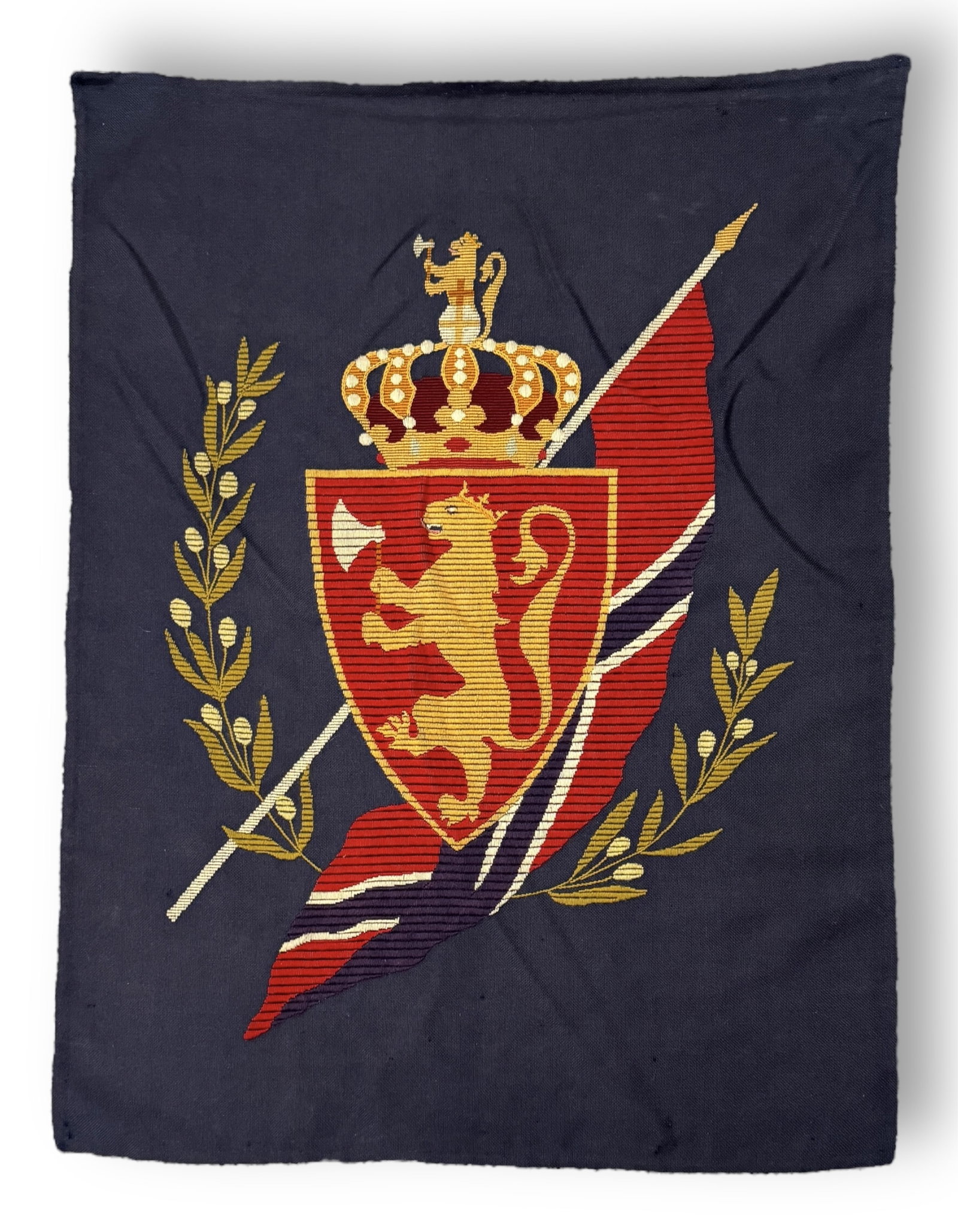 Vintage Norway Royal Coat of Arms Banner: Size: 34" x 45" Condition: Worn along bottom hem. See photos.