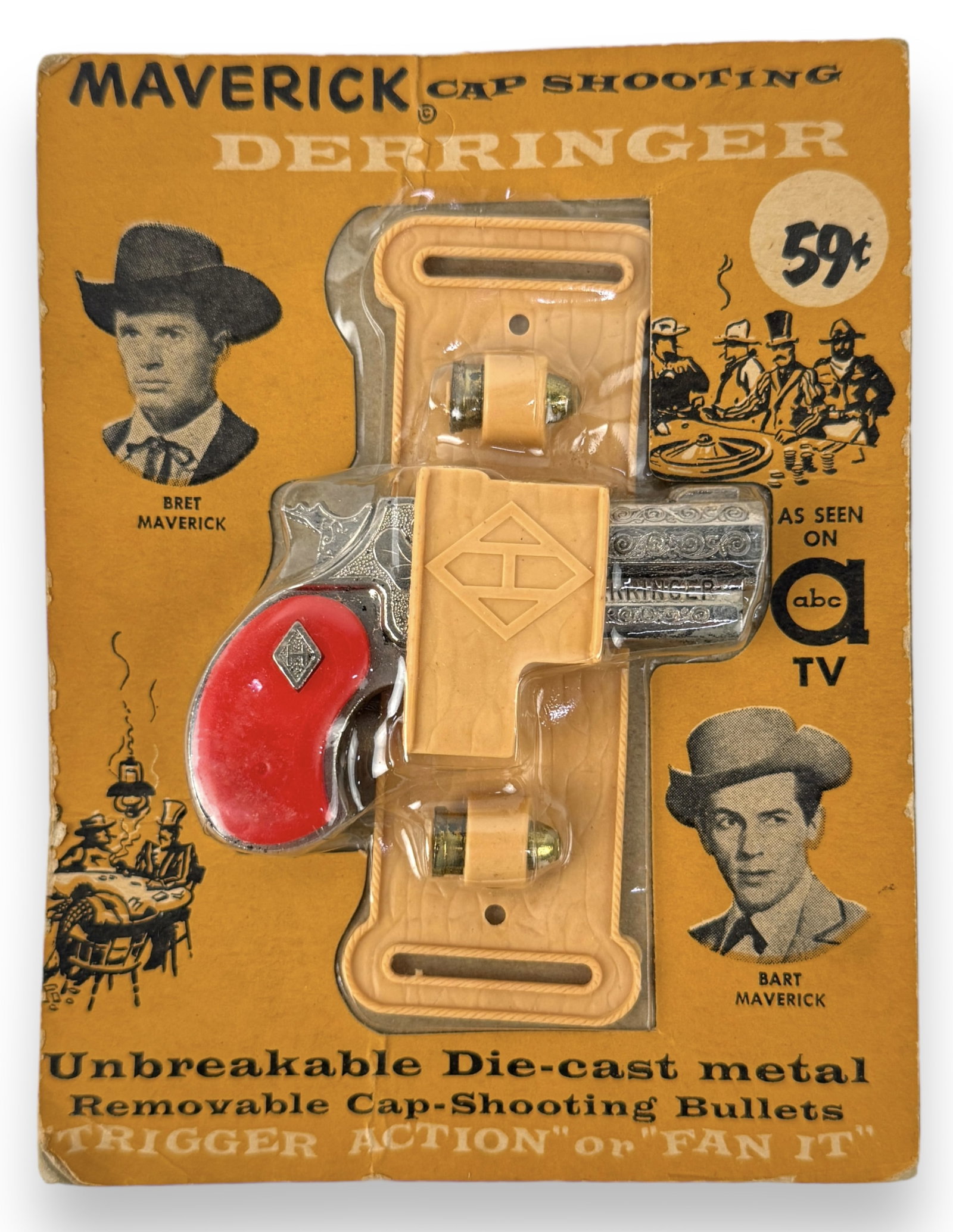Maverick Derringer Cap Gun: Cardboard Size: 6 1/2" x 5" Condition: Packaging has minor wear in the corners and edges. See photos.