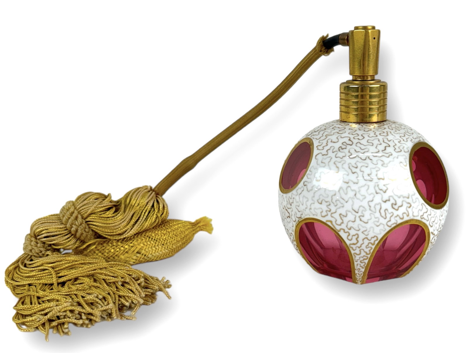 Czech Glass Morlee Perfume Atomizer Deco: Size: 11 1/2" tall x 5 1/2" wide (at base) Condition: Minor loss of finish. See photos.