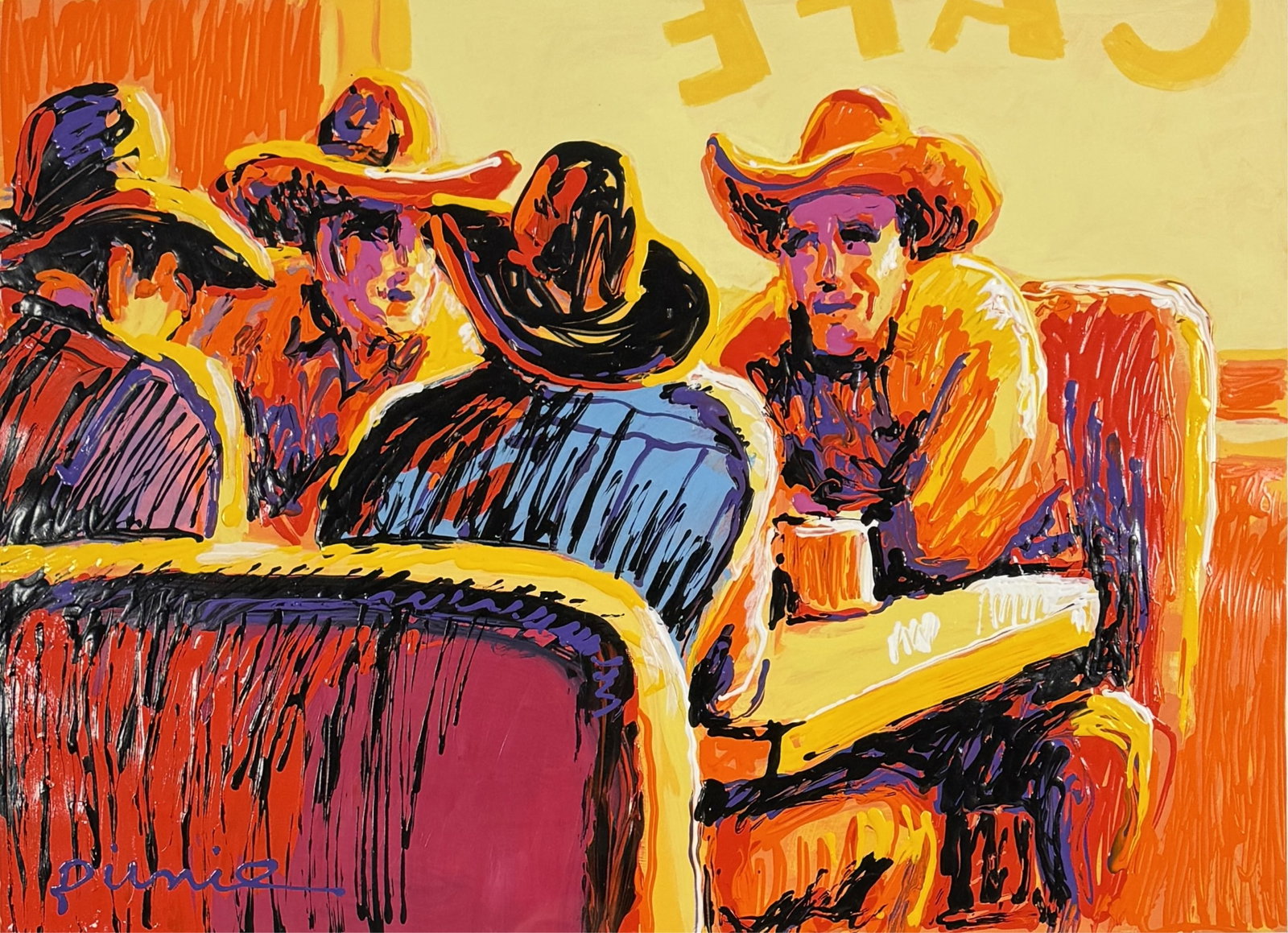 Larry Pirnie "Coffe Klatch" Acrylic on Paper 1993: Image: 20" x 28 1/2" Frame: 29 1/2" x 37" Condition: Very good Proceeds from the auction will go to The Ronald McDonald House of The Upper Midwest. Artist Bio: Larry Pirnie is a distinguished contempo