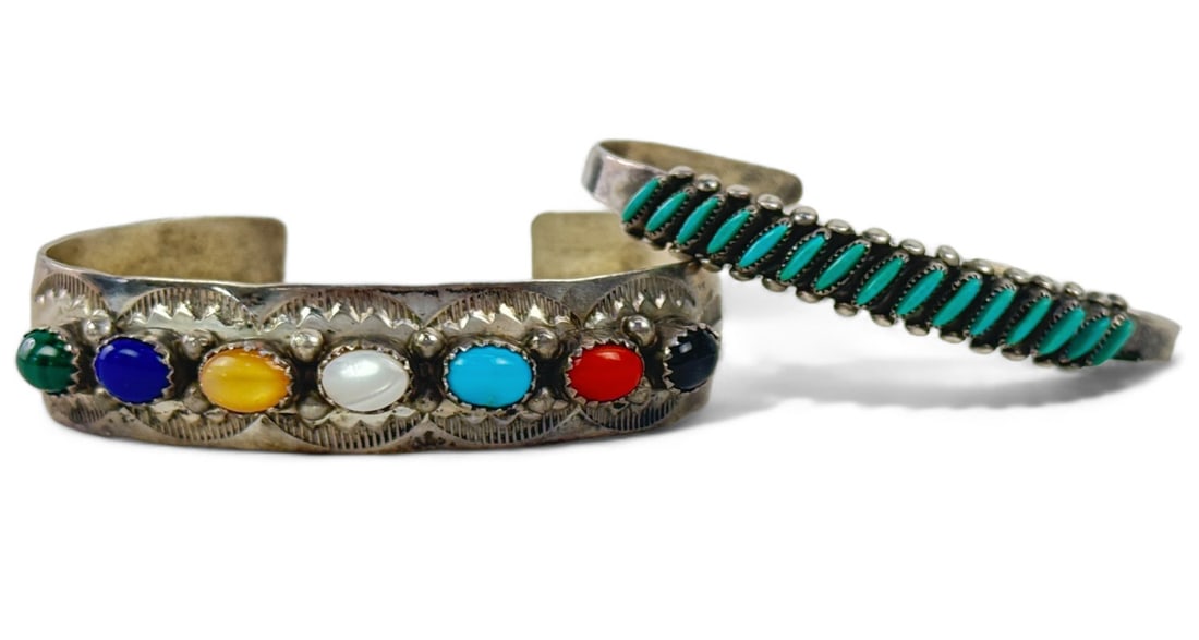 (2) Sterling Silver Cuffs w/ Turquoise & Stones (1 of 3)