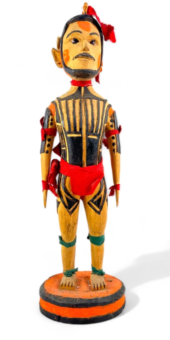 Yap Island Male Figure: Size: 17" tall x 5" wide x 5" deep Condition: Some cracking to the wood as well as a piece is broken off on top of head. See photos.