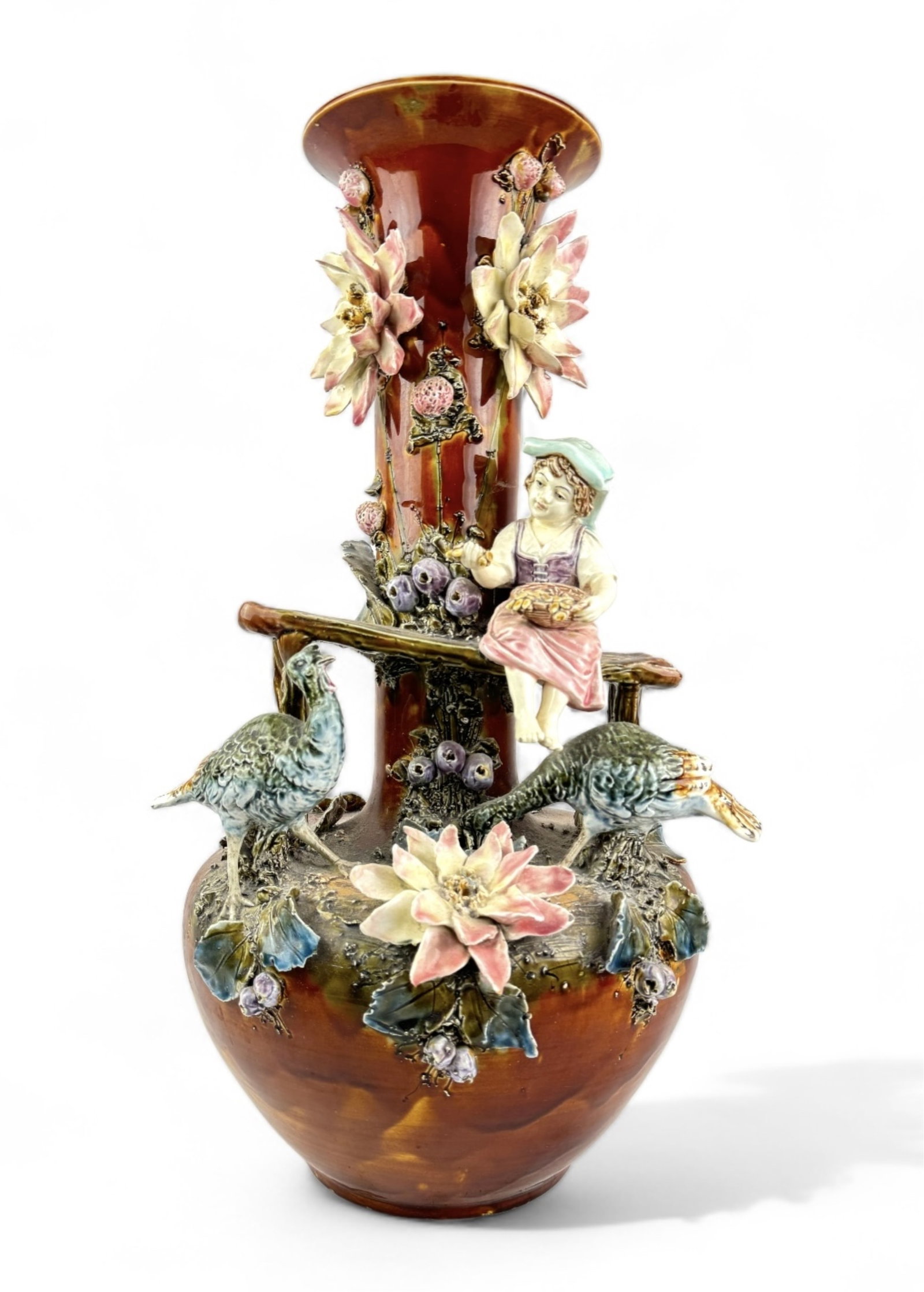 Antique Majolica Vase "Girl Feeding Turkey": Size: 21" tall x 12" across Condition: A handful of very small chips seen. See photos.