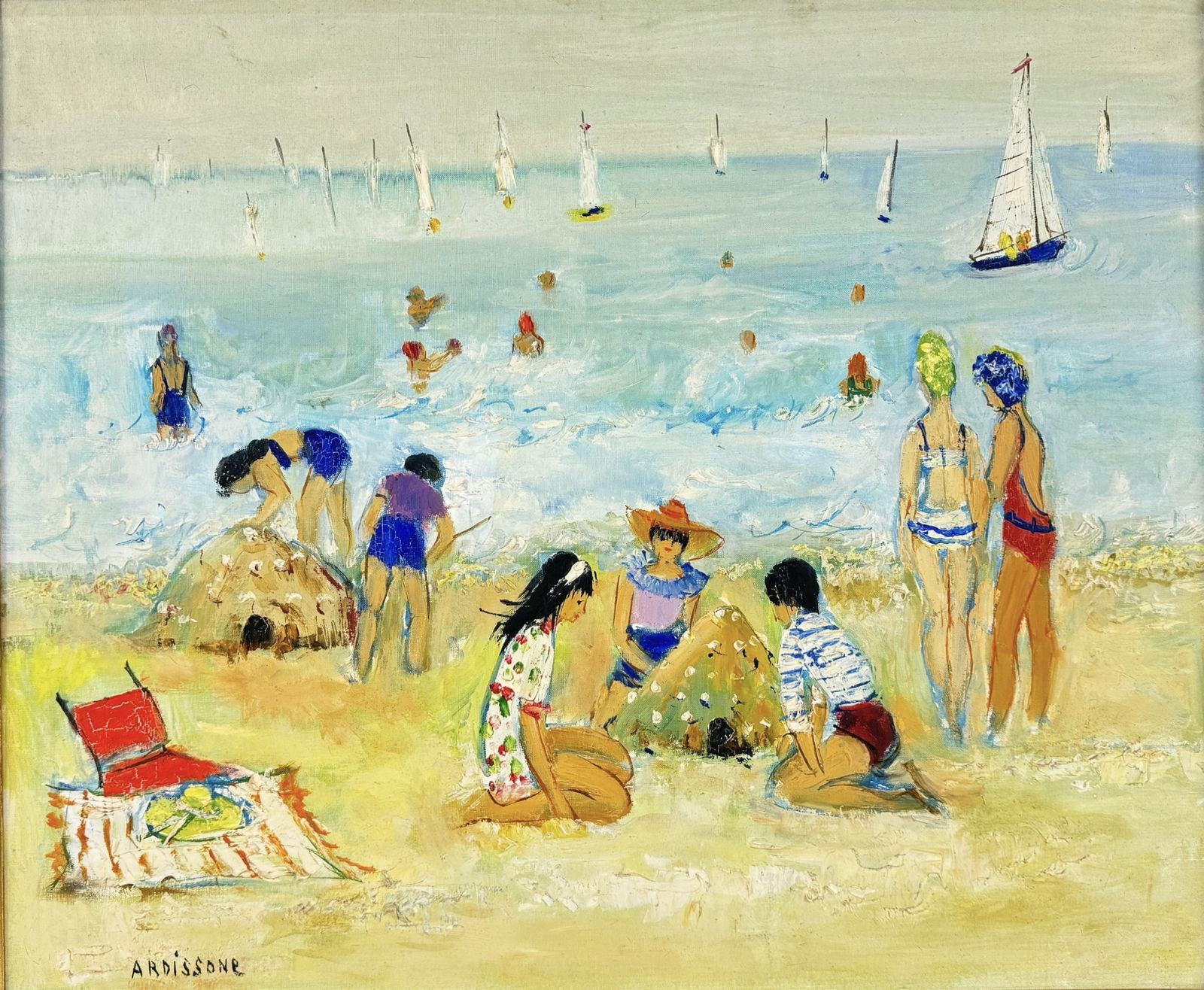 Yolande Ardisonne 'Beach Scene' Oil On Canvas (1 of 5)