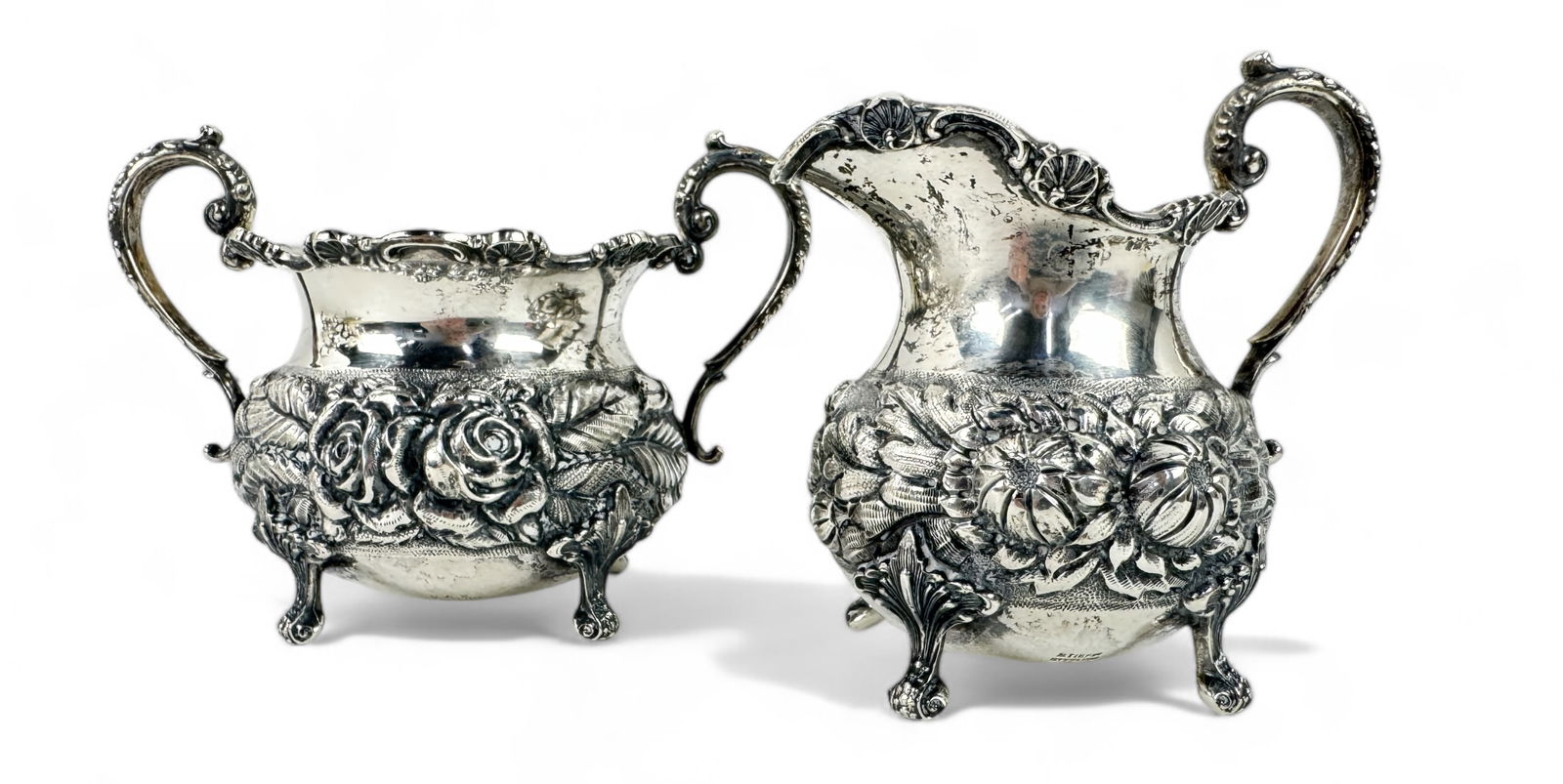 Stieff Hand Chased Sterling Creamer & Sugar Bowl (1 of 8)