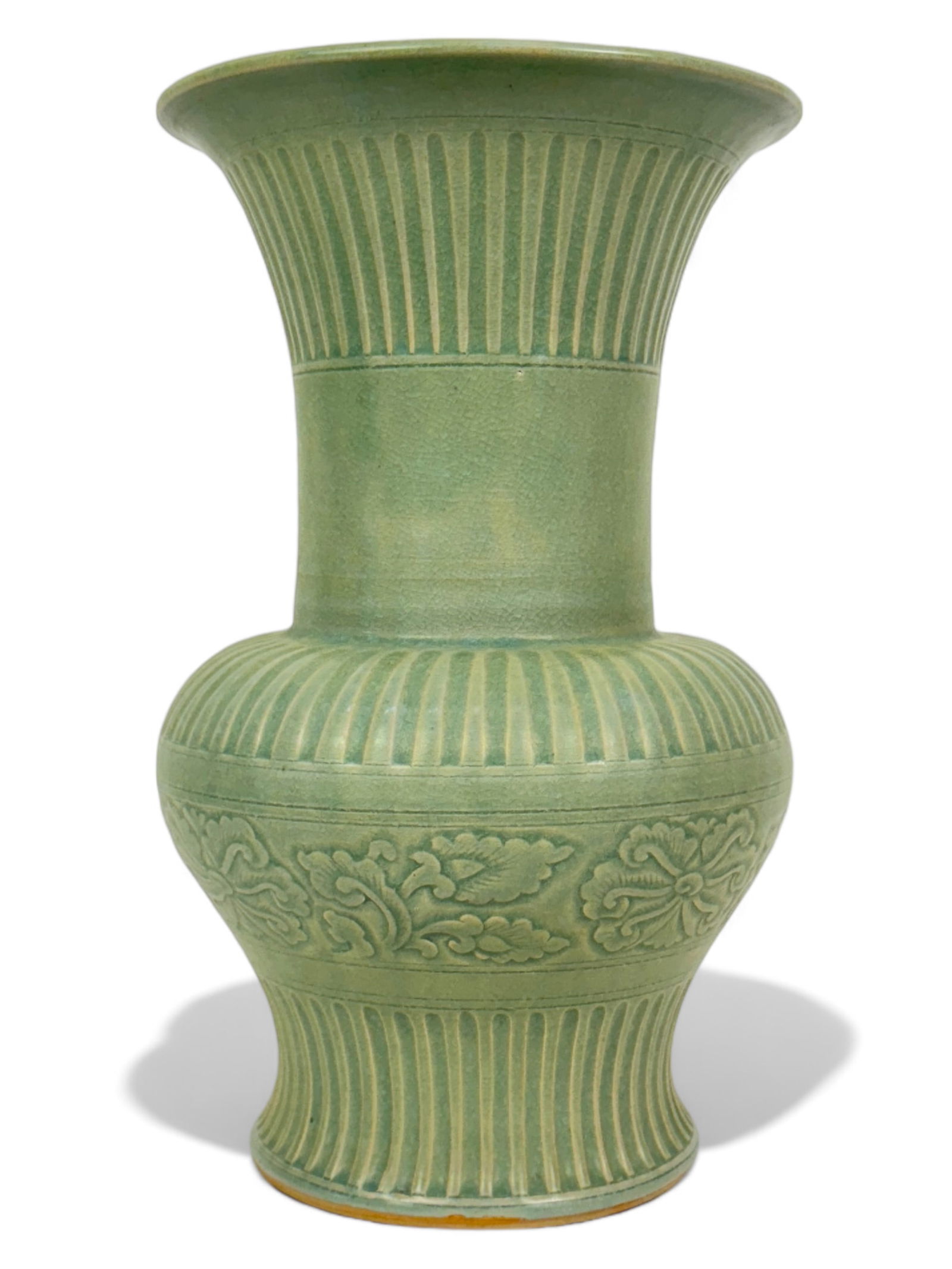 Antique Chinese Celadon Vase: 16 1/4" T x 10" D at rim Condition: Good overall condition, no chips or cracks seen. Crazing seen throughout.