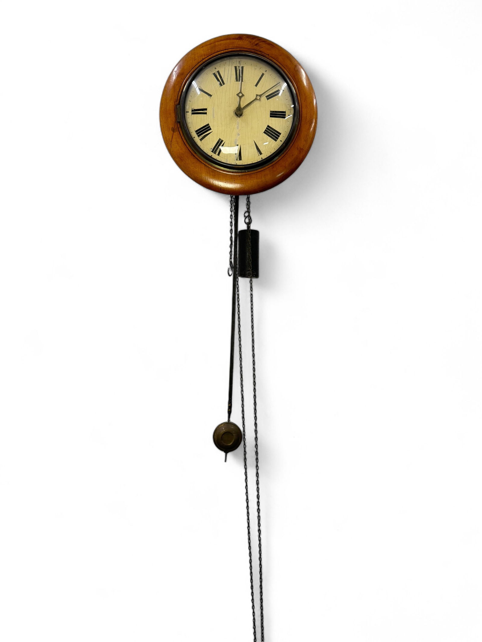 Antique Postman's Alarm Clock: Diameter: 12" Condition: Weight that drives the hands goes down quickly when placed on the chain. Clock face has cracking and paint loss.