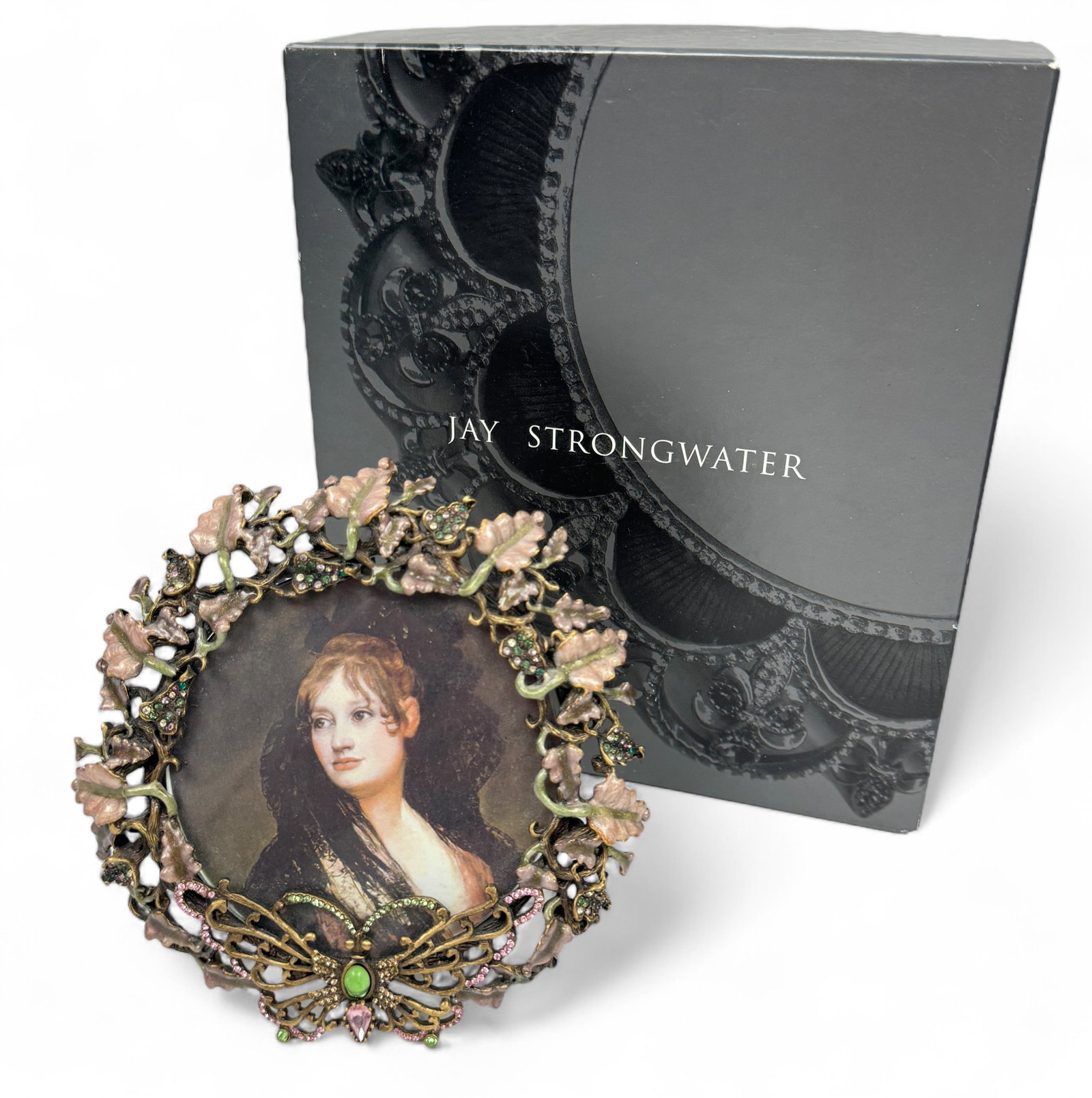 Jay Strongwater Butterfly Picture Frame: Round picture frame Enameled and accented with Swarovski crystals. With dust bag. Dimensions: 5" x 3 3/4" Condition: very good