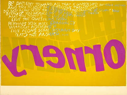 Sister Mary Corita "Be Patient" Screenprint: Hand signed lower right. Frame: 18 1/2" x 23 1/2" Condition: Image is in very good condition. Artist Bio: Sister Corita Kent (1918-1986) was an American artist, educator, and Catholic nun known for he