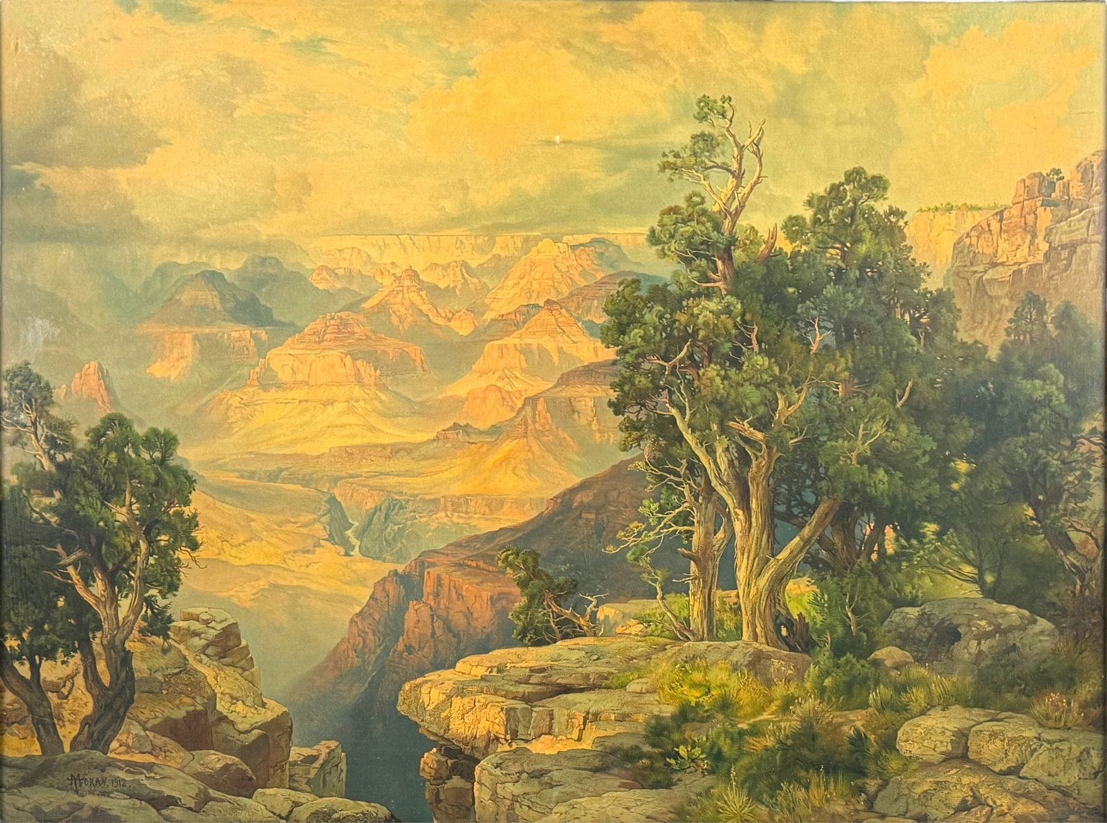 Thomas Moran Grand Canyon Chromolithograph: Title: Grand Canyon From Hermit Rim Chromolithograph in Colors Frame: 31"x40" Image: 25 1/2"x34" Condition: Image is in very good condition. Frame has a few minor nicks.