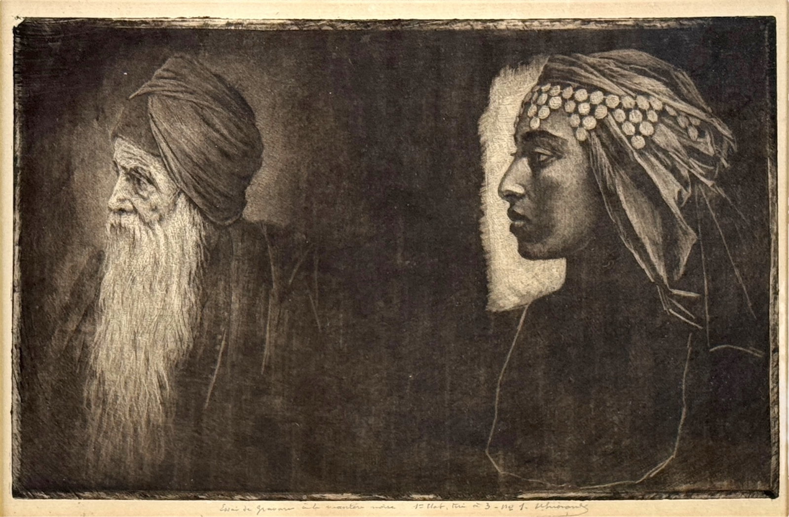 Henri-Charles Guerard "Salomon & Cleopatra": Medium: Mezzotint Dimensions: Frame: 18 3/4" x 22 1/2" Image: 8 1/2" x 12 3/4" Condition: Frame and Image in good condition.
