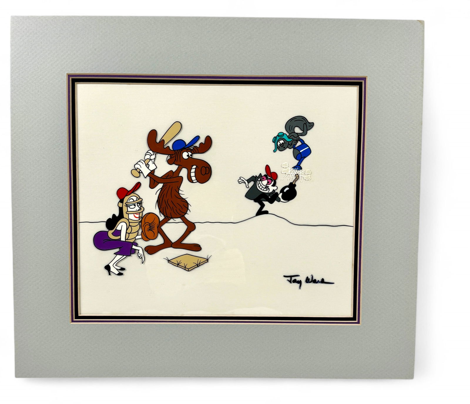 Rocky & Bullwinkle Hand-Inked Baseball Scene Cel (1 of 4)