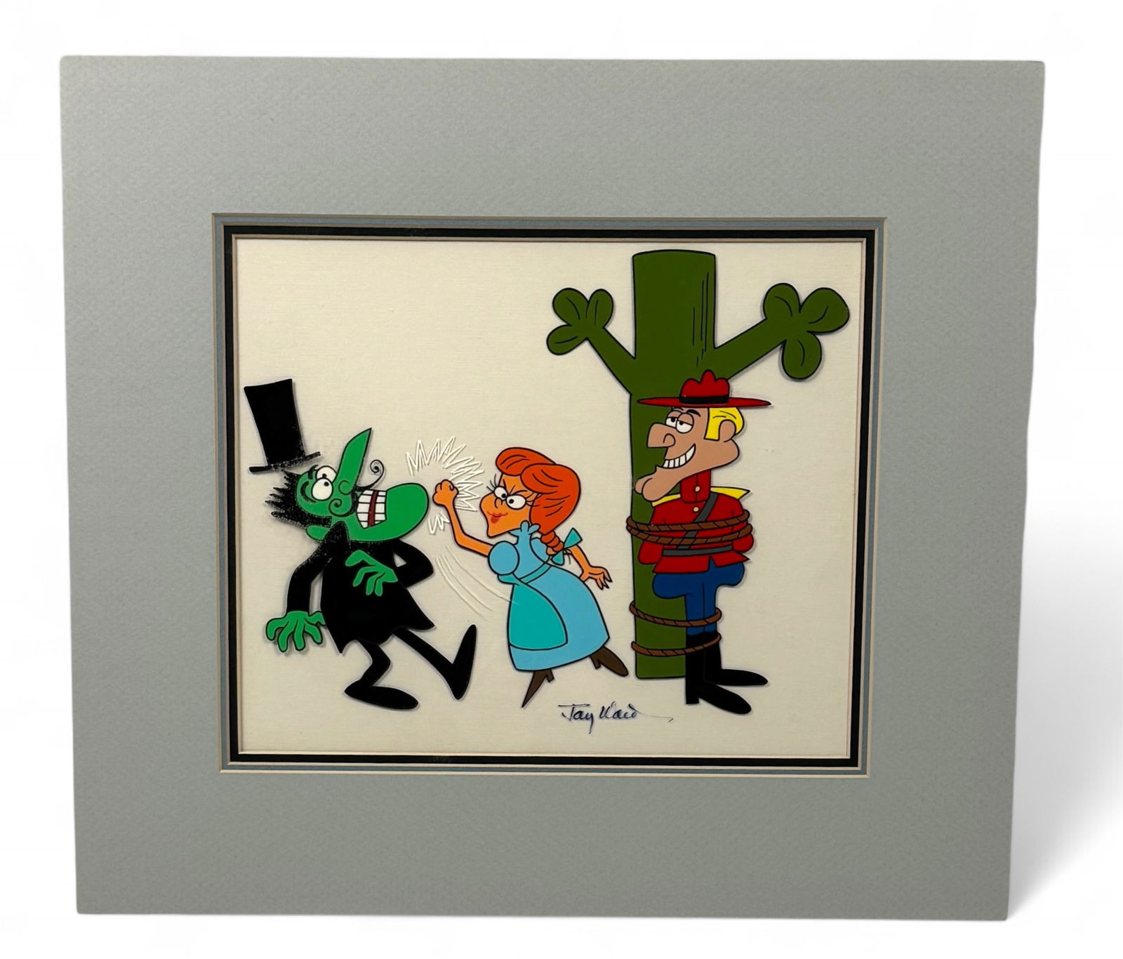 Dudley Do-Right Hand-Inked Punching Scene Cel: Image includes Nell and Snidely Whiplash Signed Jay Ward Created and Hand-Painted In The Jay Ward Studios. Comes with Gallery Lanizberg COA. Cel measures 10 1/2"T x 12 1/2"W Condition: Very Good