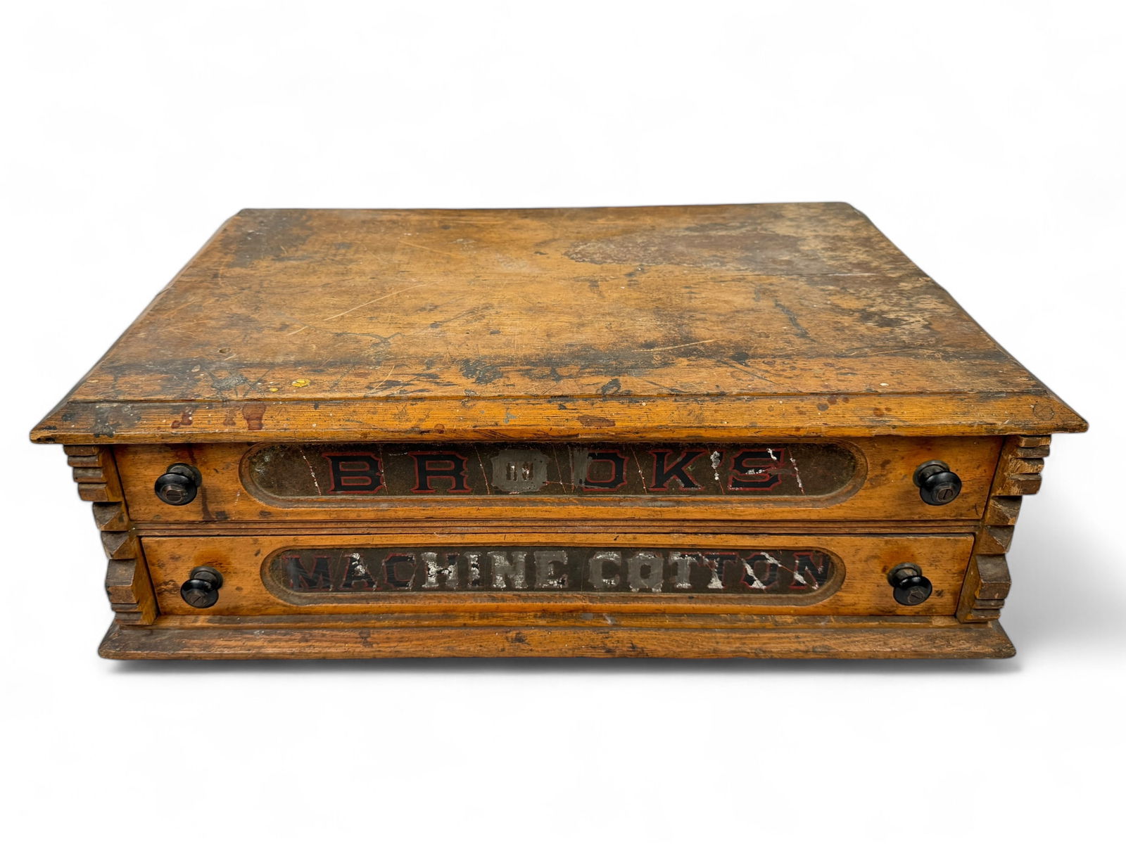 Antique Spool Drawers: Dimensions: 7 1/2" x 22 1/2" x 14 1/2" Condition: scratches and discoloration due to age and wear. Both drawers are in working condition.