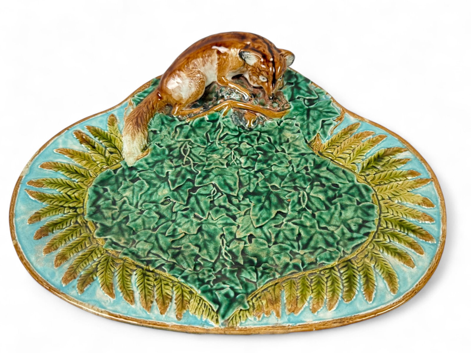 Majolica Fox Hunting Rabbit Tray: Size: 11" x 12 1/2" Condition: 1/2" chip to edge as photographed. Crazing seen throughout.