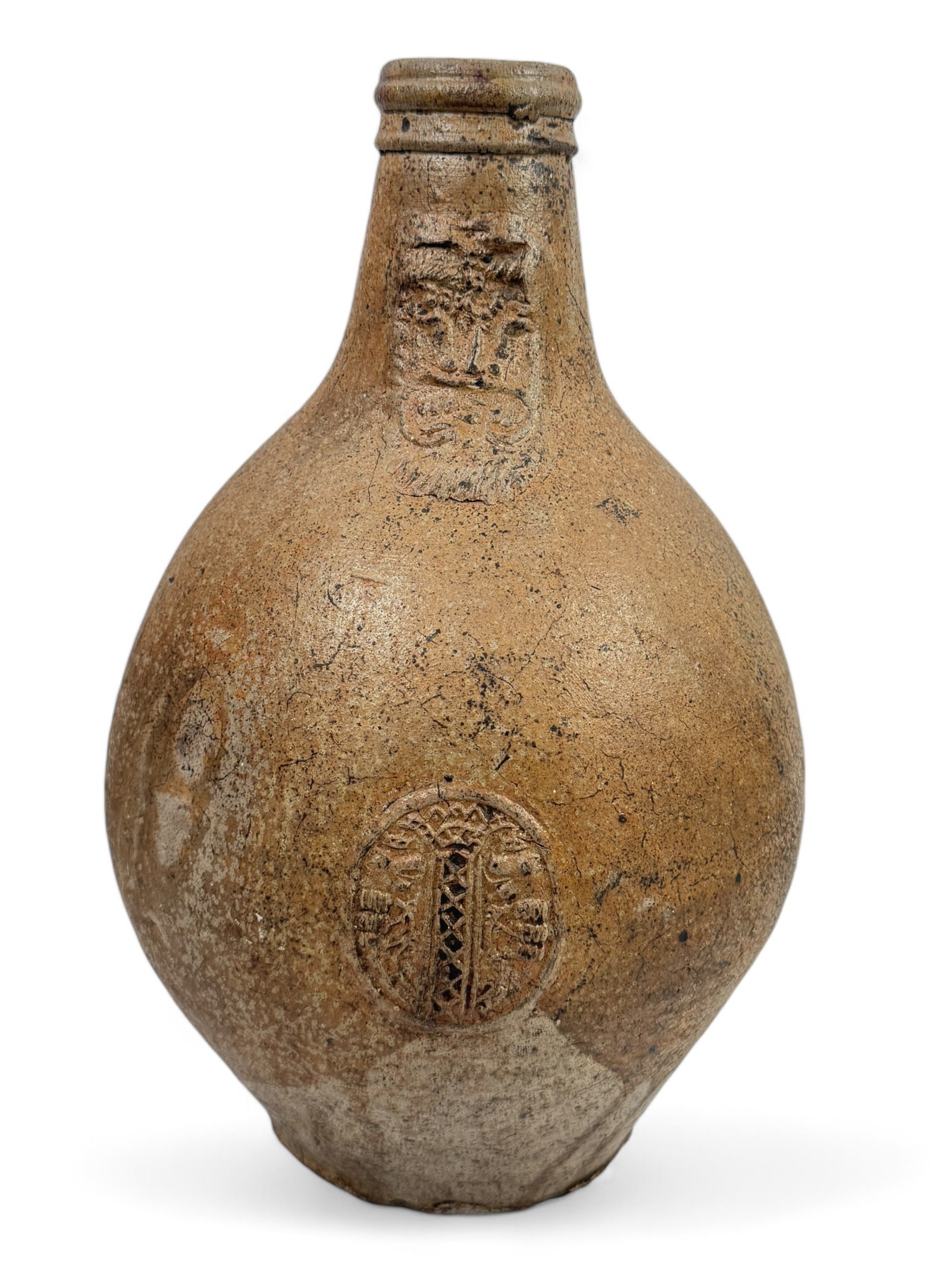 Antique German Bellermine Jug: Bellarmine jug is a type of decorated salt-glazed stoneware that was manufactured in Europe throughout the 16th and 17th centuries, especially in the Cologne region, in what is today western Germany. 