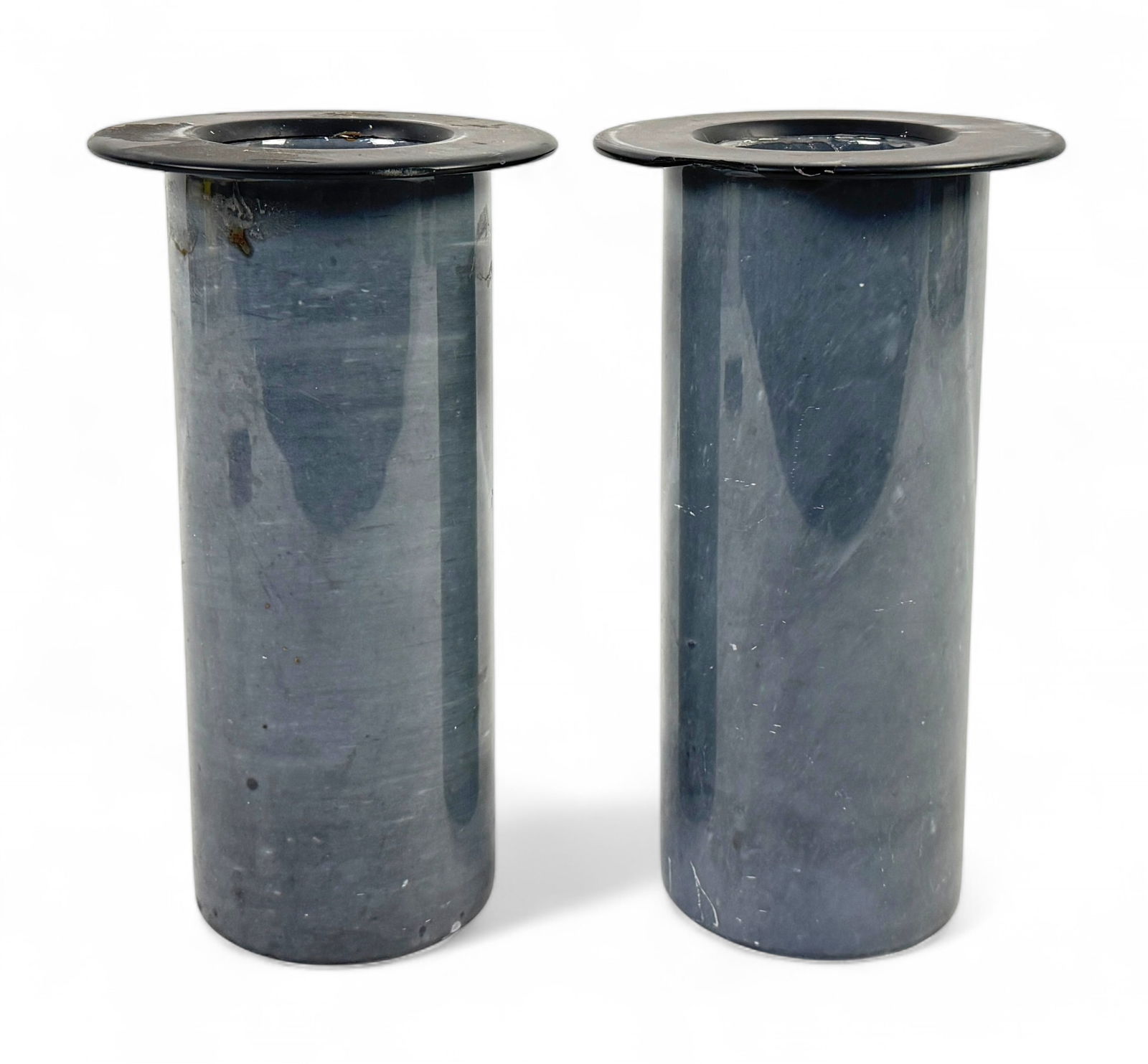 (2) Casigliani Stone Italian Vases: Marked Casigliani, made in Italy Dimensions: 9" x 5" Condition: Chip to one of the rims and scratches throughout on both