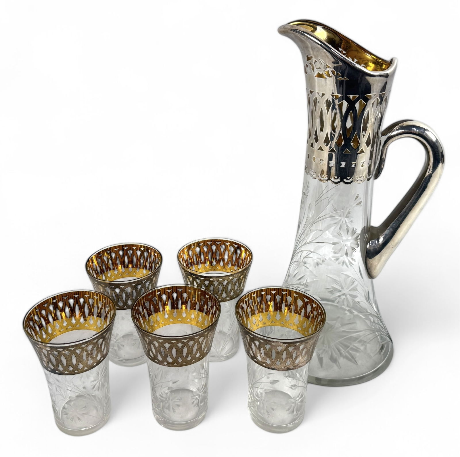 Crystal Sterling Silver Pitcher & (5) Glasses (1 of 4)