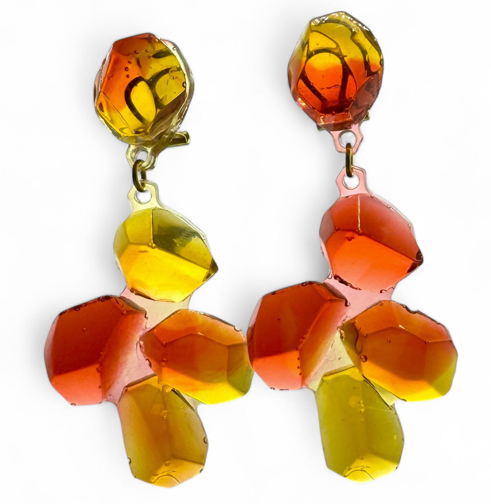 Gaetano Pesce Amber/Gold Faceted Resin Earrings: Amber resin clip-on dangle earrings purchased at Corside Design in Italy. Size: 3" x 1 1/2" Condition: very good