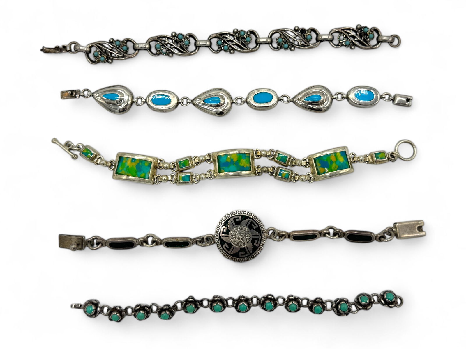 (5) Sterling Silver & Stone Chain Bracelets: Size: 6 1/4"-7 1/2" Weight: 100g Condition: light tarnish & scratches