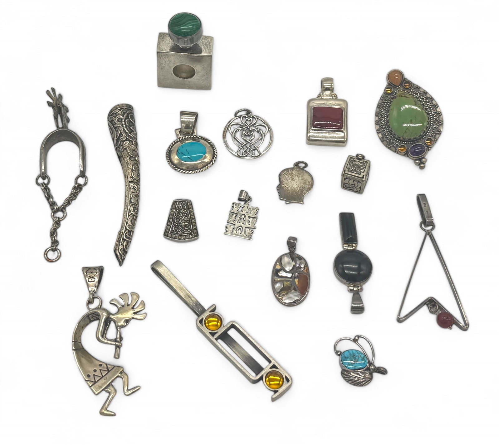 (17) Sterling Silver Pendants, Nail Cover & Bottle: Malachite, coral, turquoise, onyx & more Size: 1"-3" Weight: 200g Condition: good, minor scratches & tarnish