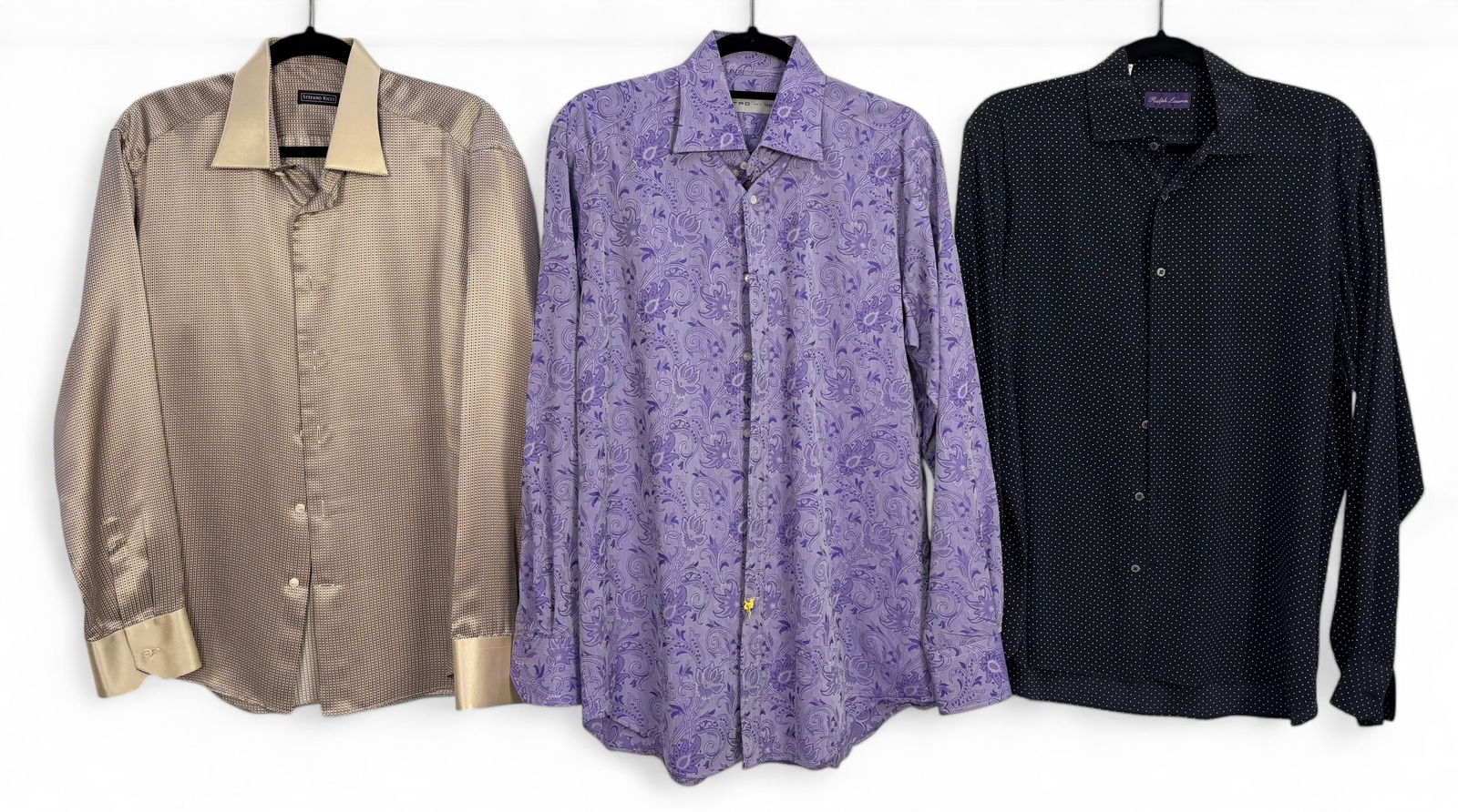 (3) Designer Men's Shirts: Ralph Lauren & Stefano Ricci-100% silk; Etro-Cotton Size: Ralph Lauren is labeled 16 1/2 & chest measures approximately 44; (2) measure approximately 16 1/2 - 42 Condition: Very good