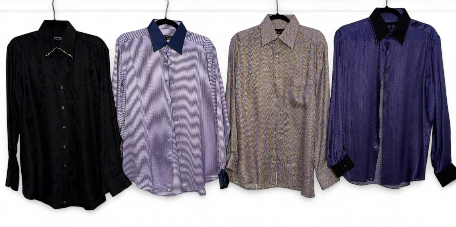 (4) Stefano Ricci Silk Men's Shirts: Labels are, "Cuggers", "per Maus & Hoffman", "for Saint-Phil" & "Stefano Ricci" black label all100% silk Size: Medium Condition: Very good