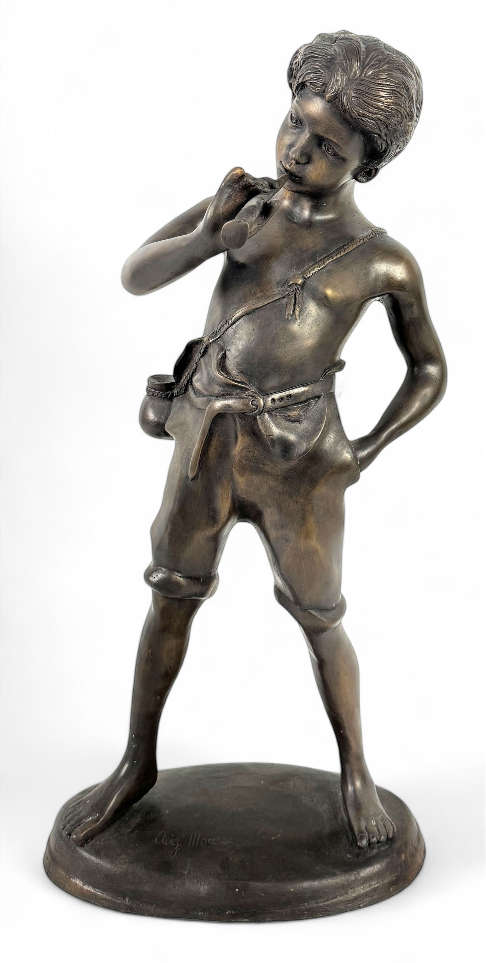 After Auguste Moreau Bronze Sculpture: Barefoot boy with flute marked. "Aug Moreau" Dimensions: 24 3/4" x 12" Condition: good