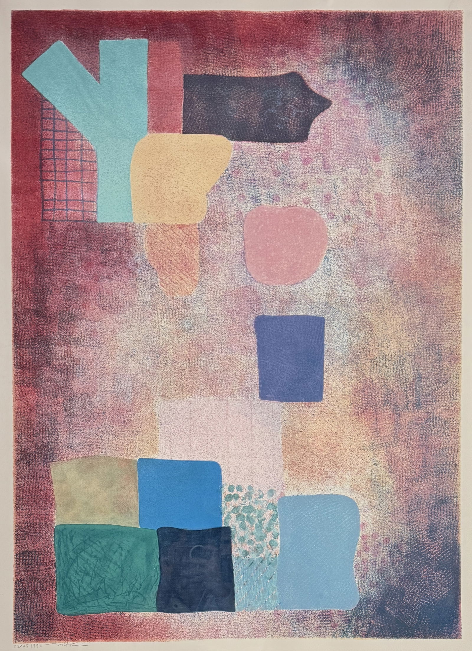 Robert Natkin 1993 Lithograph: Untitled, Signed & Numbered 23/75 Dimensions: frame: 55 1/2" x 43 1/2"; image: 47 1/2" x 36" Condition: paper has a 1/4" tear on the margin on the bottom,light scratches on the plexiglass