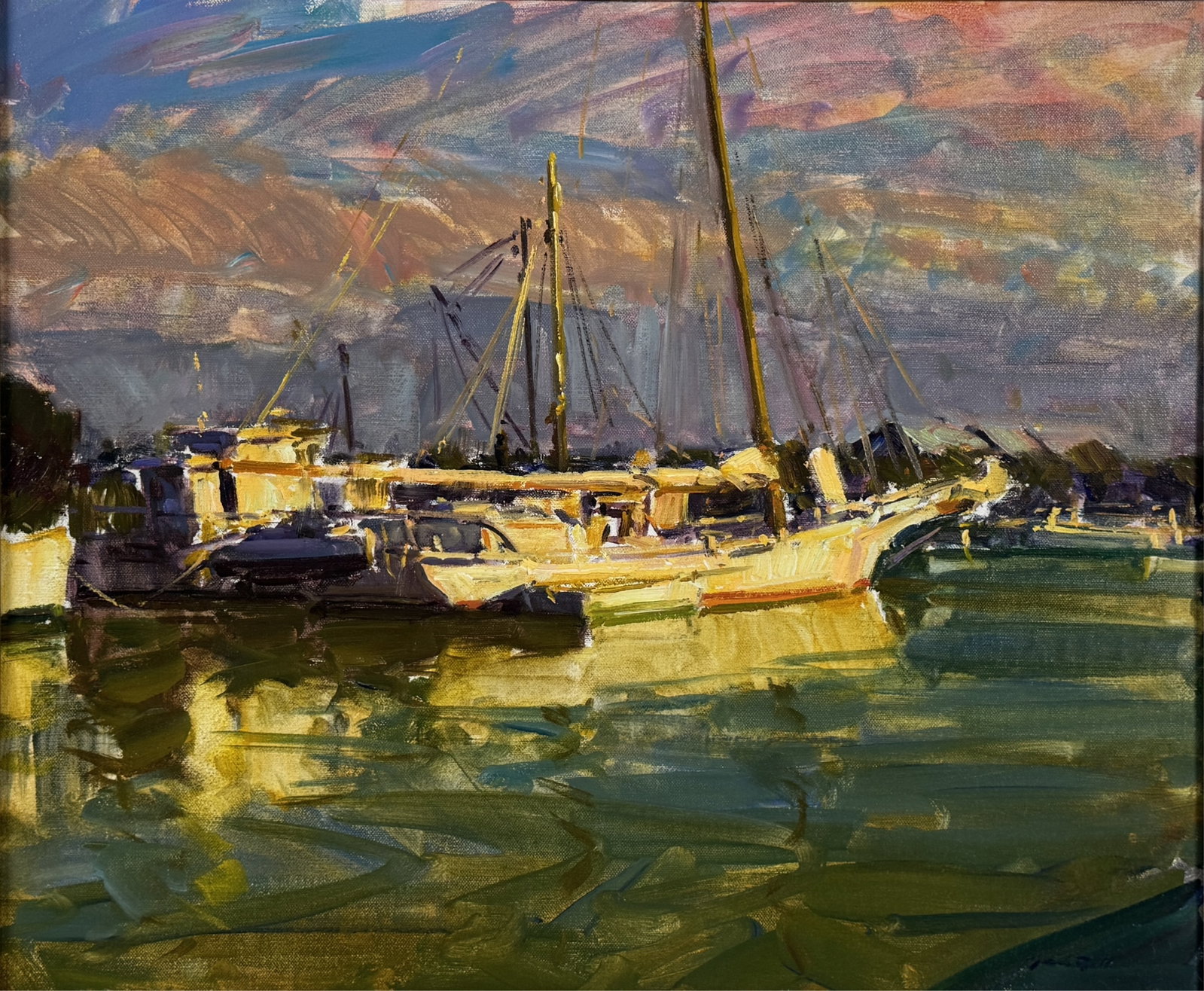 Tim Bell "Skipjack Thomas Cove" Oil On Canvas: Scene: 'Skipjack at Dock' Frame: 27" x 31" Image 20" x 24" Condition: Both frame & image are in very good condition