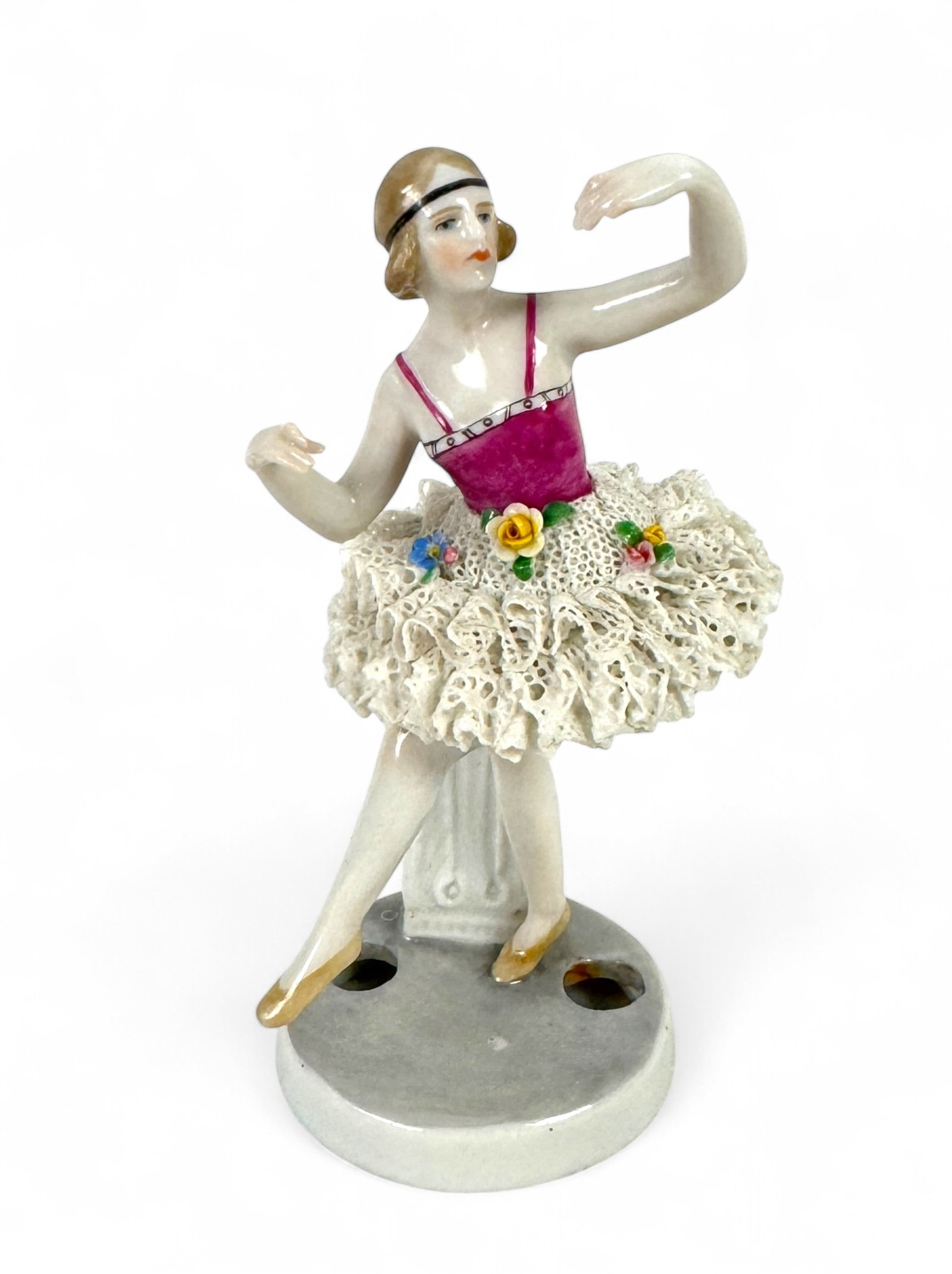 Karl Ens German Porcelain Lace Dancer: Antique early 1900s, German-made ballerina with detailed lace skirt, marked on the bottom with black ENS windmill, used before 1919. Height: 4 1/4" Condition: good, no chips or cracks
