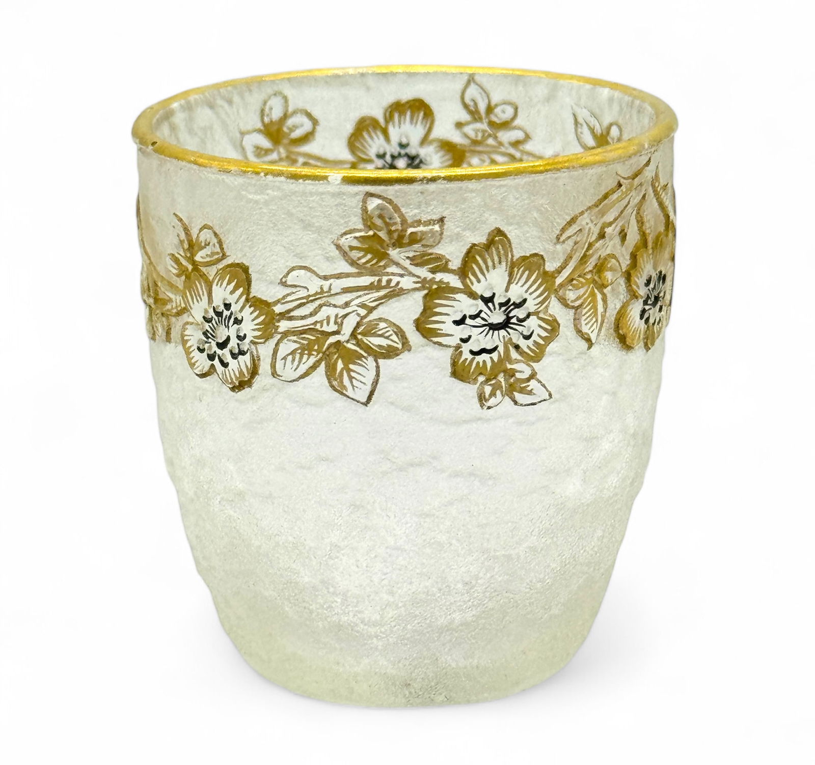 Nancy Daum Gold Gilded Frosted Glass Cup: Signed on the bottom Height: 1 5/8" Condition: Very good, no chips or cracks
