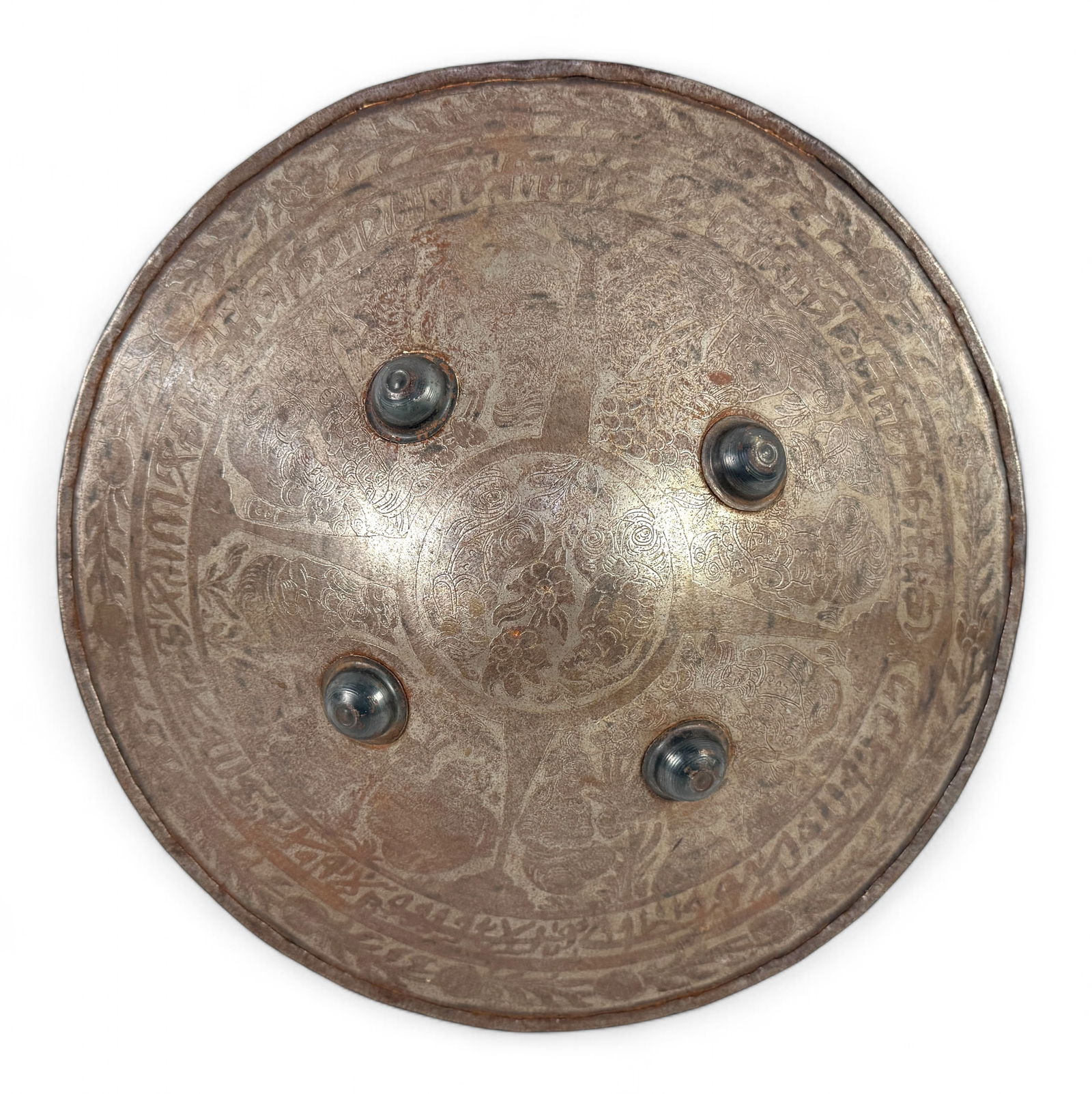 Persian Shield With Arabesques Patterns: Diameter: 19" Condition: Shield has a dent and rust, see photos for details