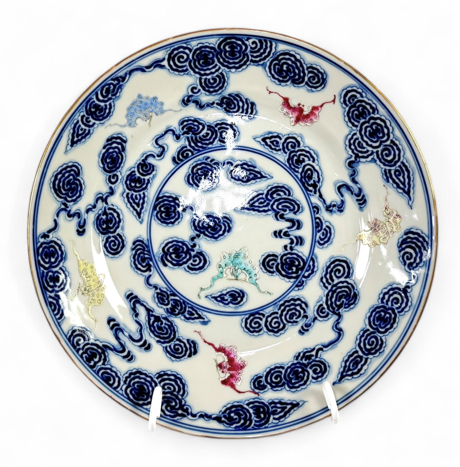 Chinese Hand Painted Blue & White Plate: Red, blue, green & yellow bats Diameter: 8 1/2" Condition: signs of wear on the gold edge of the plate, otherwise in good condition.