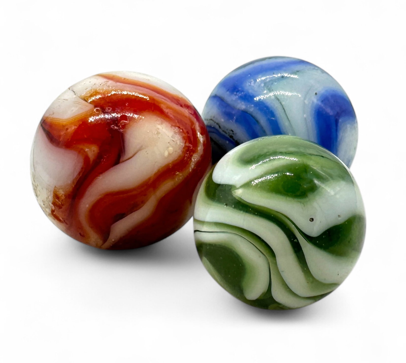 (3) Vintage Slag/Flame/Agaze Bloody Marbles: Size: 20.5mm - 23.5mm Condition: light wear consistent with age