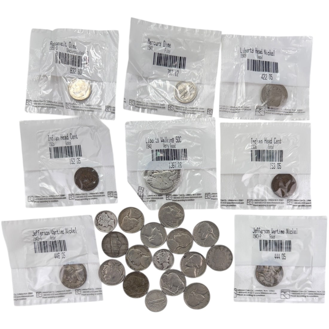 Assorted Vintage U.S. Coins: Including: (1) 1942 Walking Liberty Half Dollar (5) Silver Mercury & Roosevelt Dimes (2) Barber Nickels & About a dozen wartime and buffalo nickels (2) Indian Head Cents Please see photos
