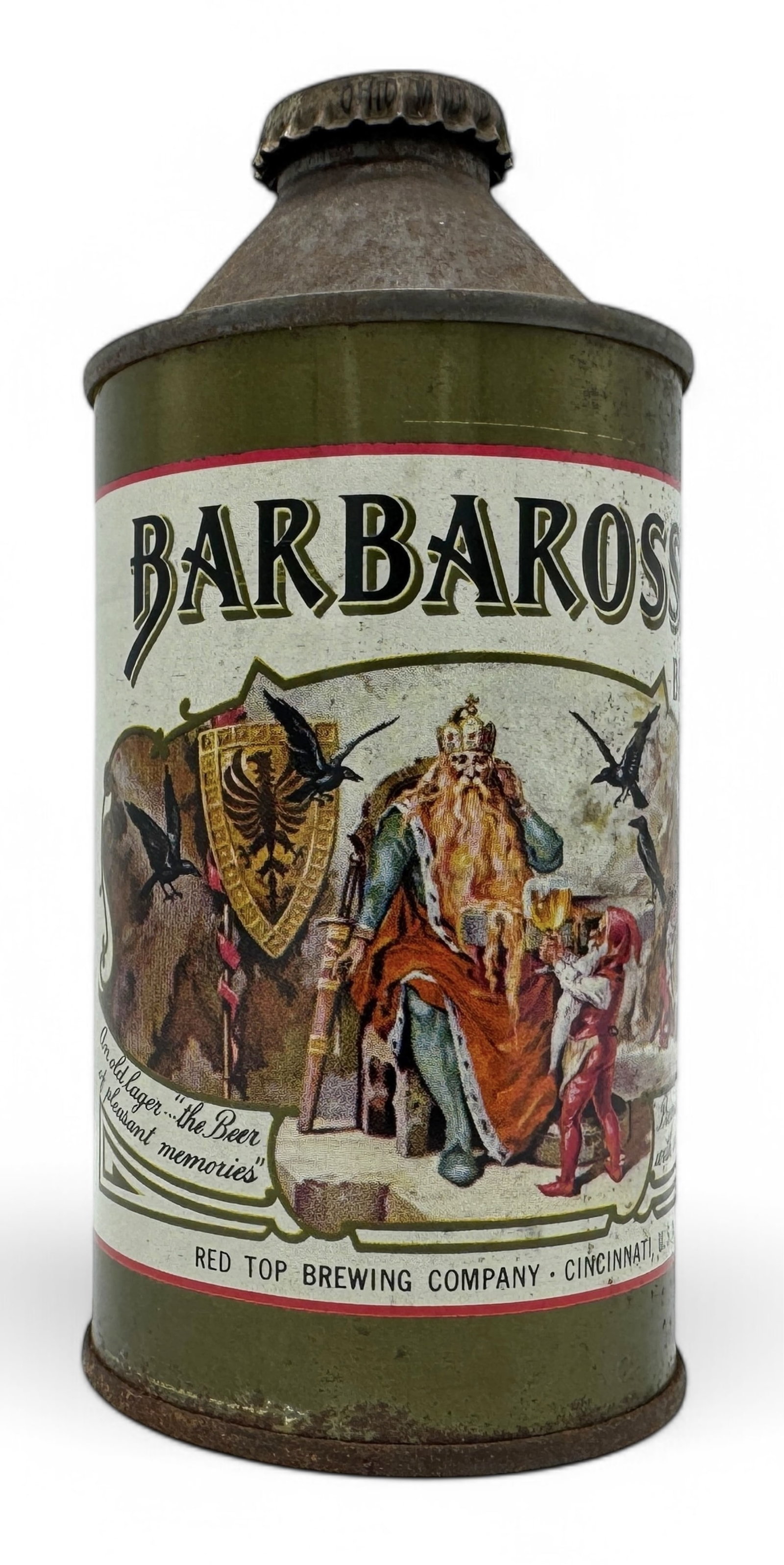 Barbarossa Cone Top Beer Can: Size: 12 oz Condition: good, crown in place, mild tarnish, moderate humidity, & oxidation, small dents, canning/handling dings at each rim