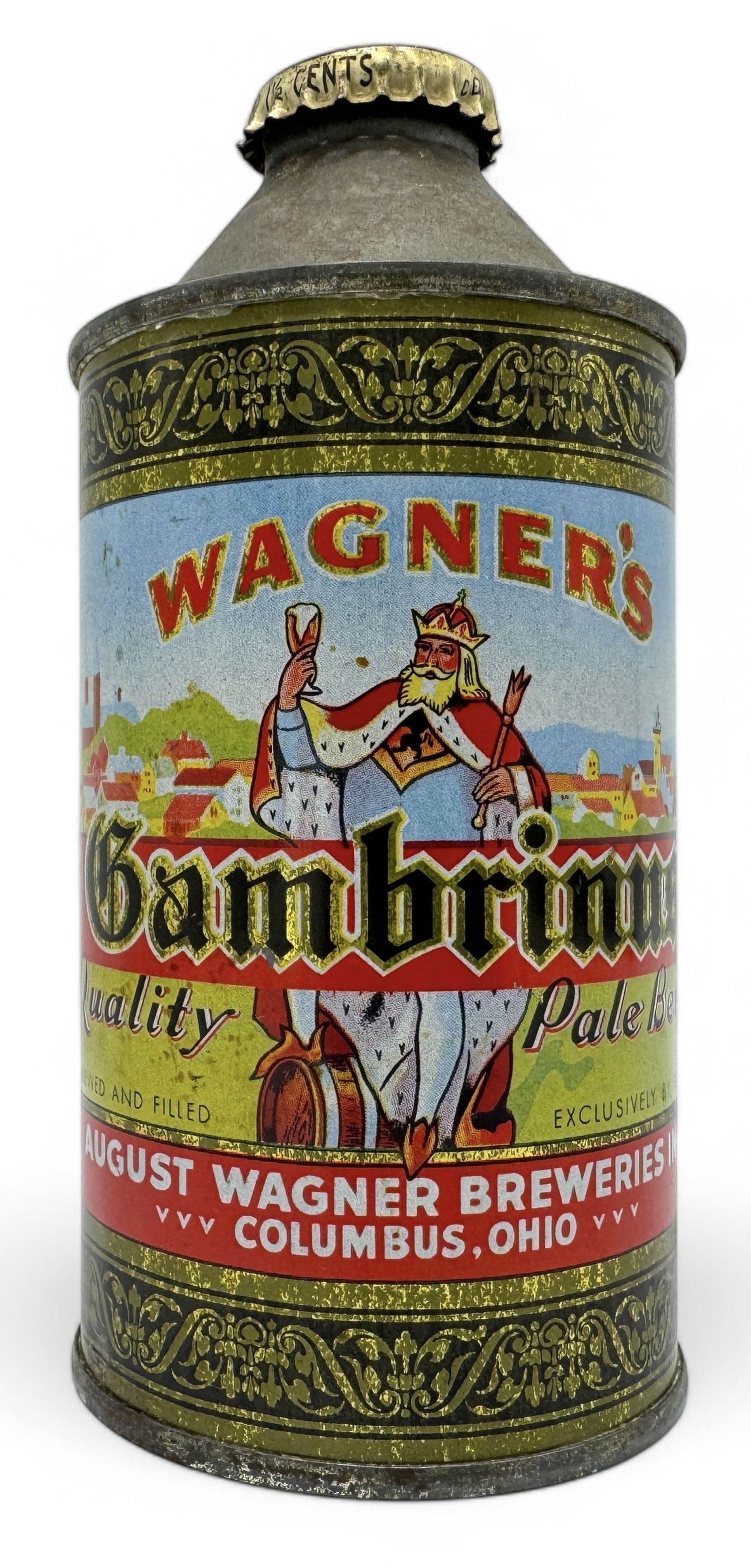 Wagner's Gambrinus Cone Top Beer Can: Size: 12 ozCondition: very good, crown in place, mild tarnish, moderate humidity, & oxidation, small dents, canning/handling dings at each rim