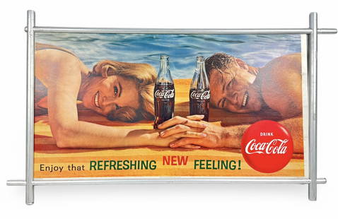 Coca-Cola Double Sided Display Sign 1960s: Cardboard advertising sign in its original aluminum frame. The beach scene was to be displayed March through June and the dancer side, November through February. Coca-Cola used this slogan “ enj
