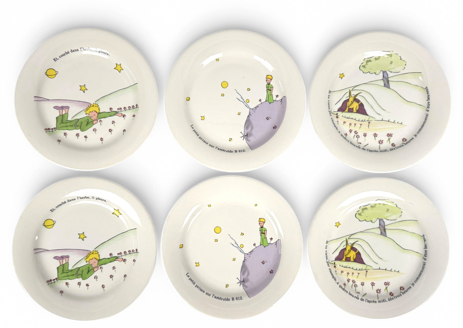 (6) Gien France Petit Prince 1996: Little Prince pattern, bread, salad, or dessert plates, there are two of each patternDiameter: 6 5/8"Condition: very good, no chips or cracks