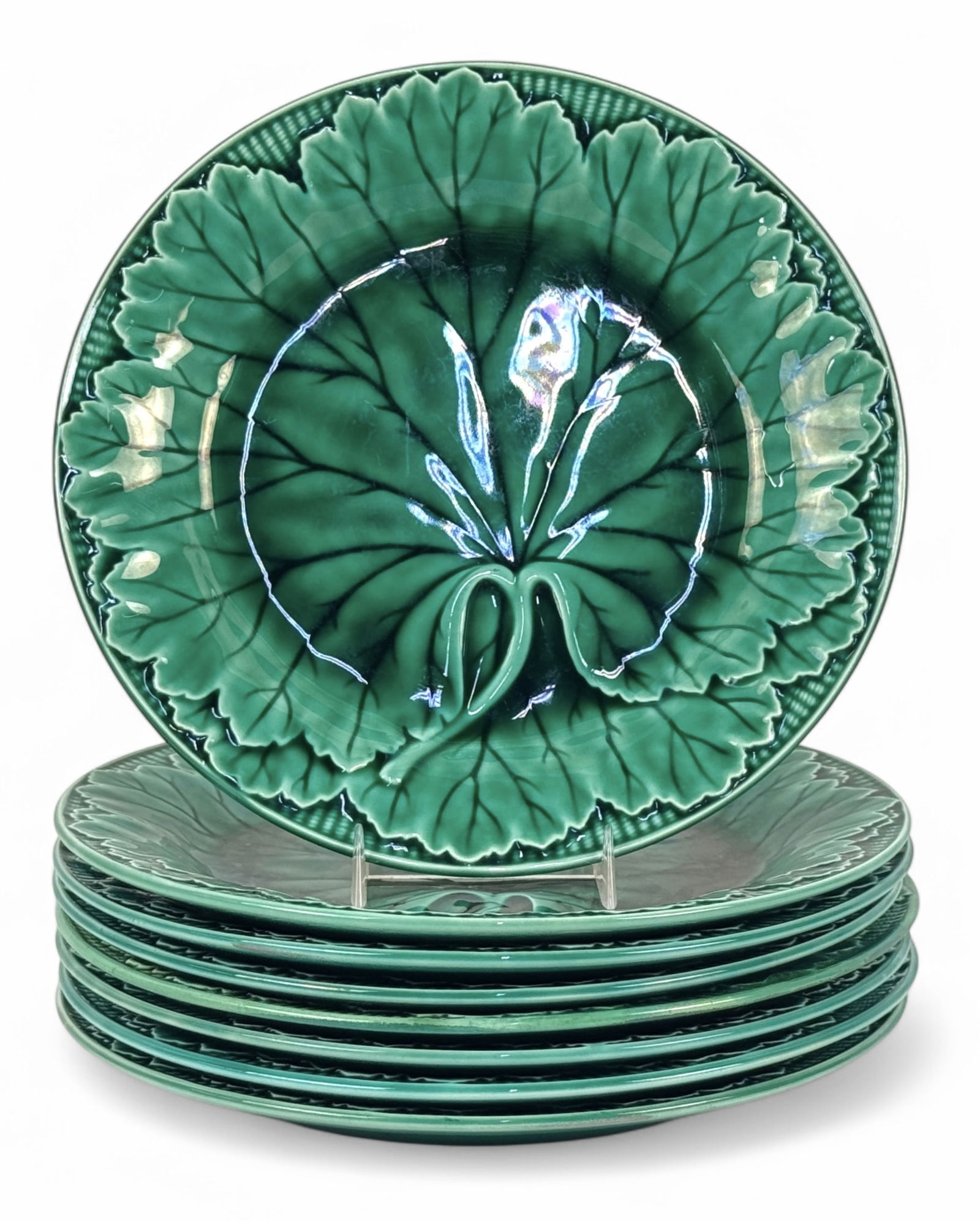 (8) Wedgwood Majolica Cabbage Plates: Marked on bottom Wedgwood & numbered, all have different markings, see photosDiameter: 7 7/8"Condition: very good, no chips or cracks
