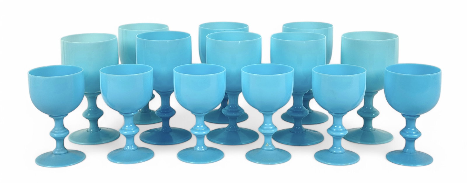 (14) French Vallerysthal Blue Opaline Goblets: (8) water & (6) wine semi-opaque hand-blown gobletsWater: 6 1/2" tallWine: 5 1/4" tallCondition: very good, no chips or cracks
