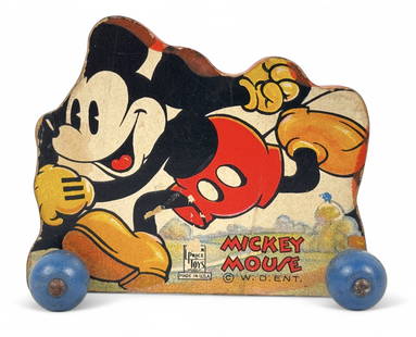 Disney Mickey Mouse Fisher Price Toy: Circa 1930s pie-eyed Mickey Mouse double-sided Litho on wood, push toy with four blue wood wheels, marked: “FISHER PRICE TOYS MADE IN USA - W.D.ENT.” This mark was used between 1930 and 19