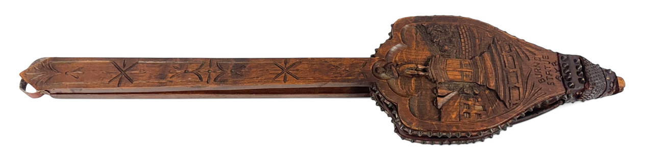 Robert Burns Carved Wood Fireplace Bellows: Antique late 1800s fireplace tool in the form of a long Bellow with Victorian Eastlake designs on handle as well as the Burns Statue AYR. Burns was a famous Scottish poet and lyricist. Size: 35”