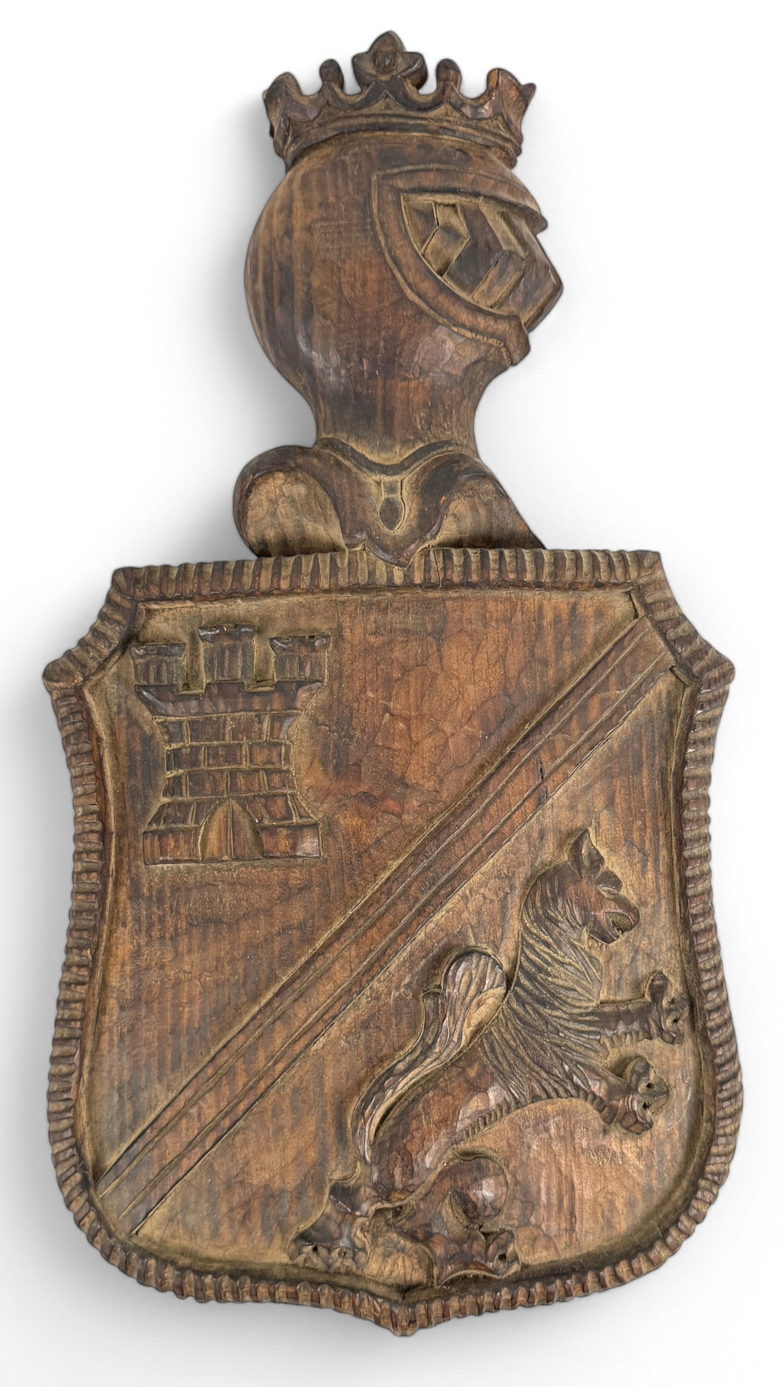 Vintage Wood "Coat Of Arms" Wall Plaque: Length: 19" Width: 10” Condition: some surface wear, minor scratches, and patina consistent with age