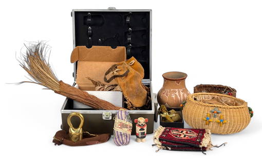 Group Of Antiquities Mostly Native American: Baskets, pottery, leather, woven coasters, brass paddle lock, medicine bags & more Largest Basket: 4 1/4" H x 9 1/2" L X 7" D Condition: good vintage condition,