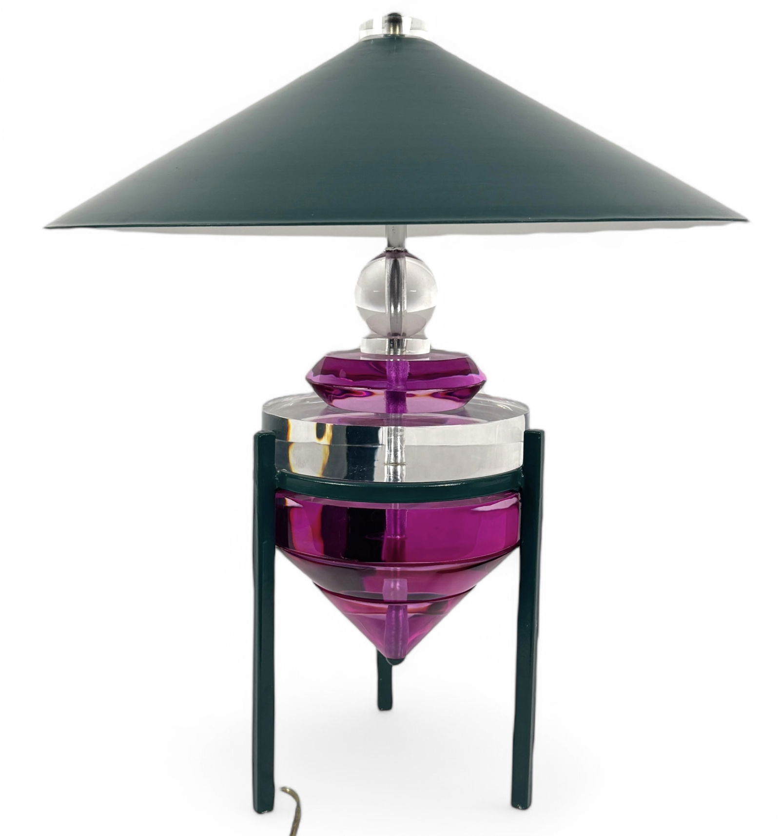 Van Teal Purple & Clear Lucite Table Lamp (B): Signed, Green Shade Height: 23"Condition: very good condition with light scratches on the metal 