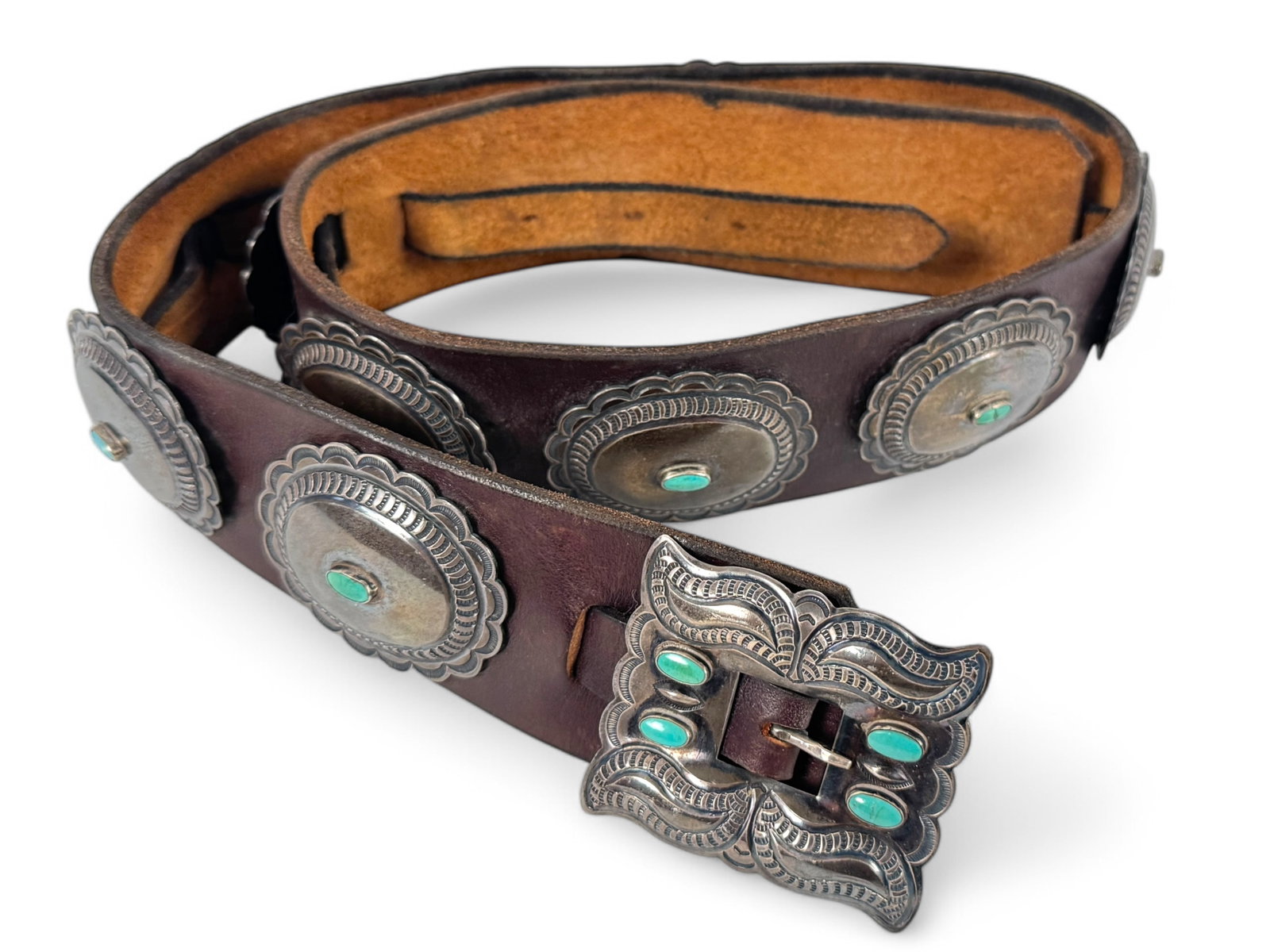Sterling Silver & Turquoise Navajo Concho Belt: Overall Length: 36" Width: 2" Concho's: 2 1/4" x 2" Condition: good condition with light tarnish & minimal signs of wear