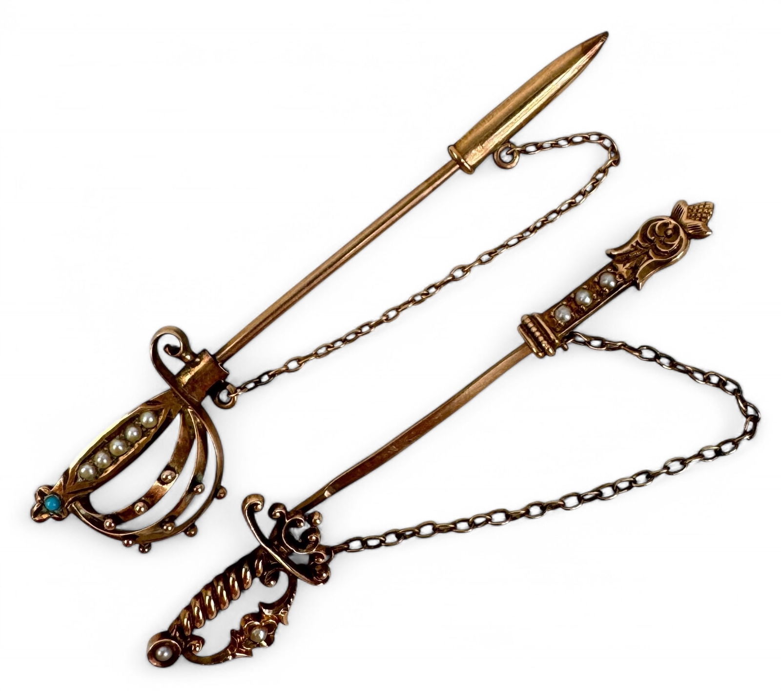 (2) 14K Gold Sword Pins W/ Seed Pearls (1 of 2)