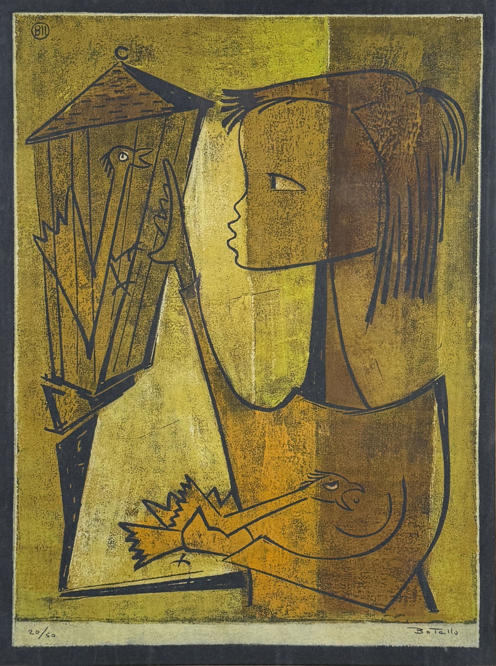 Angel Botello "Girl With Bird" Color Linocut: Signed in the lower right corner, numbered 20/50 in the lower left cornerFrame: 29' x 21'Image: 20" x 15"Condition: both image and frame are in good condition